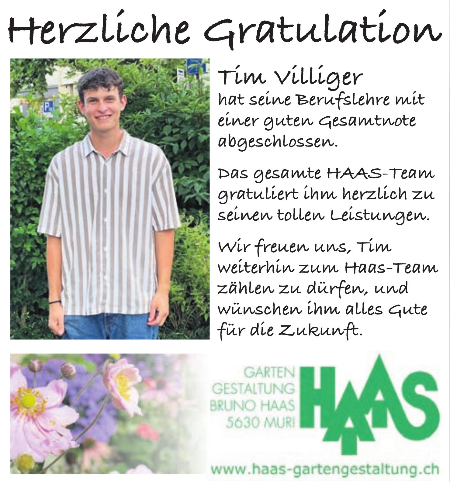 HAAS Gartengestaltung,  Herzliche Gratulation Tim Villiger