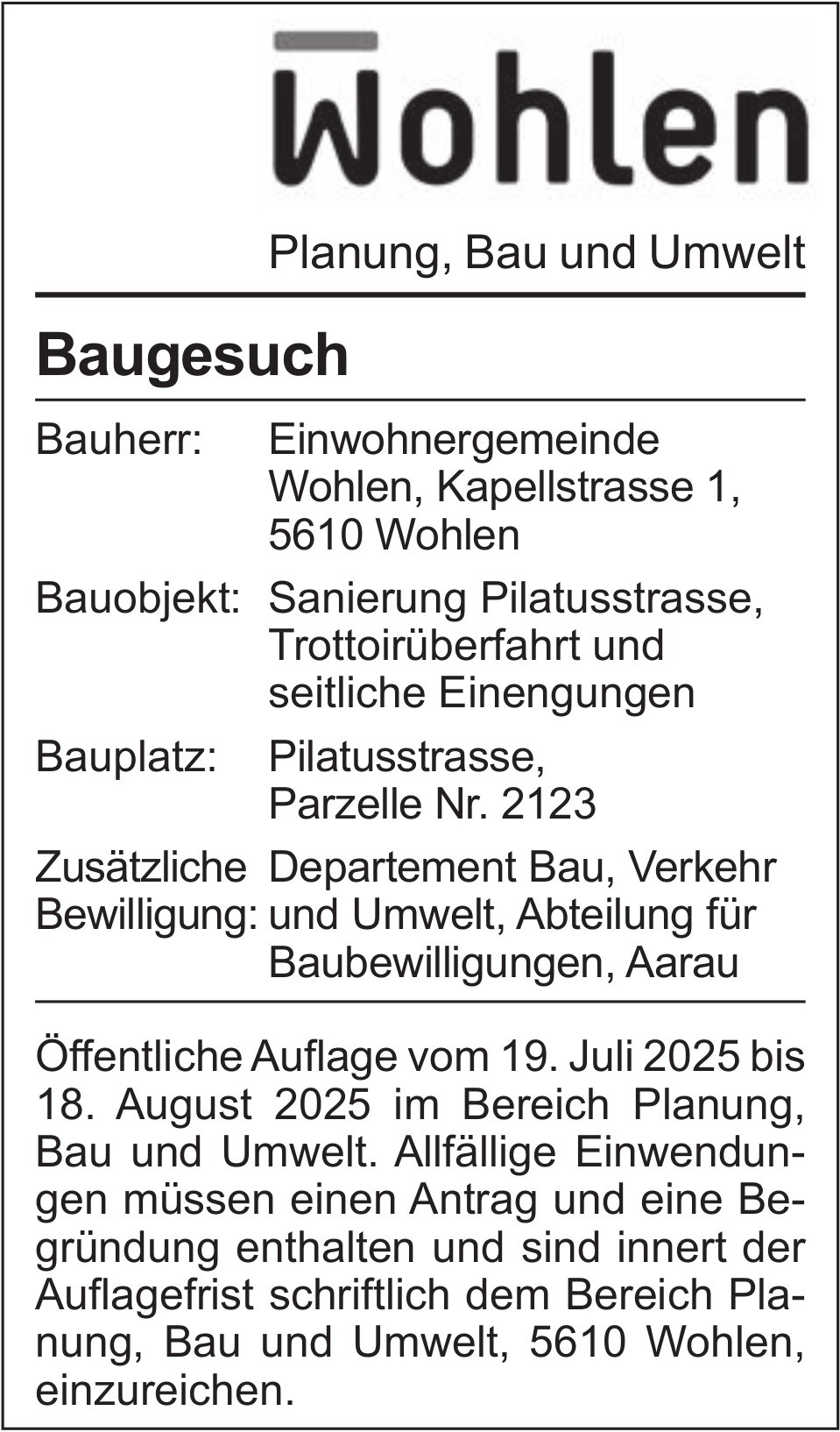 Wohlen, Baugesuch