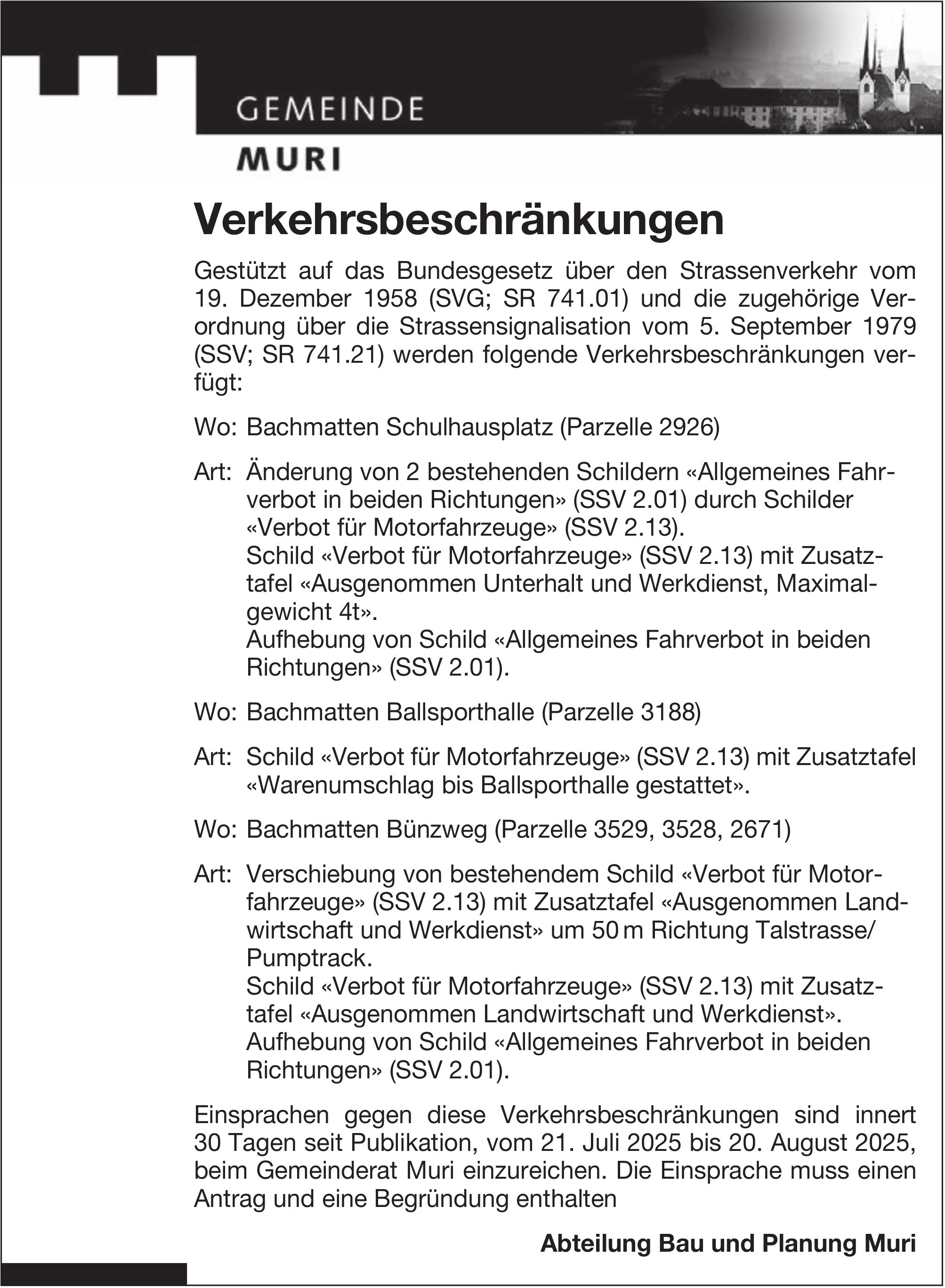 Gemeinde Muri, Verkehrsbeschränkungen