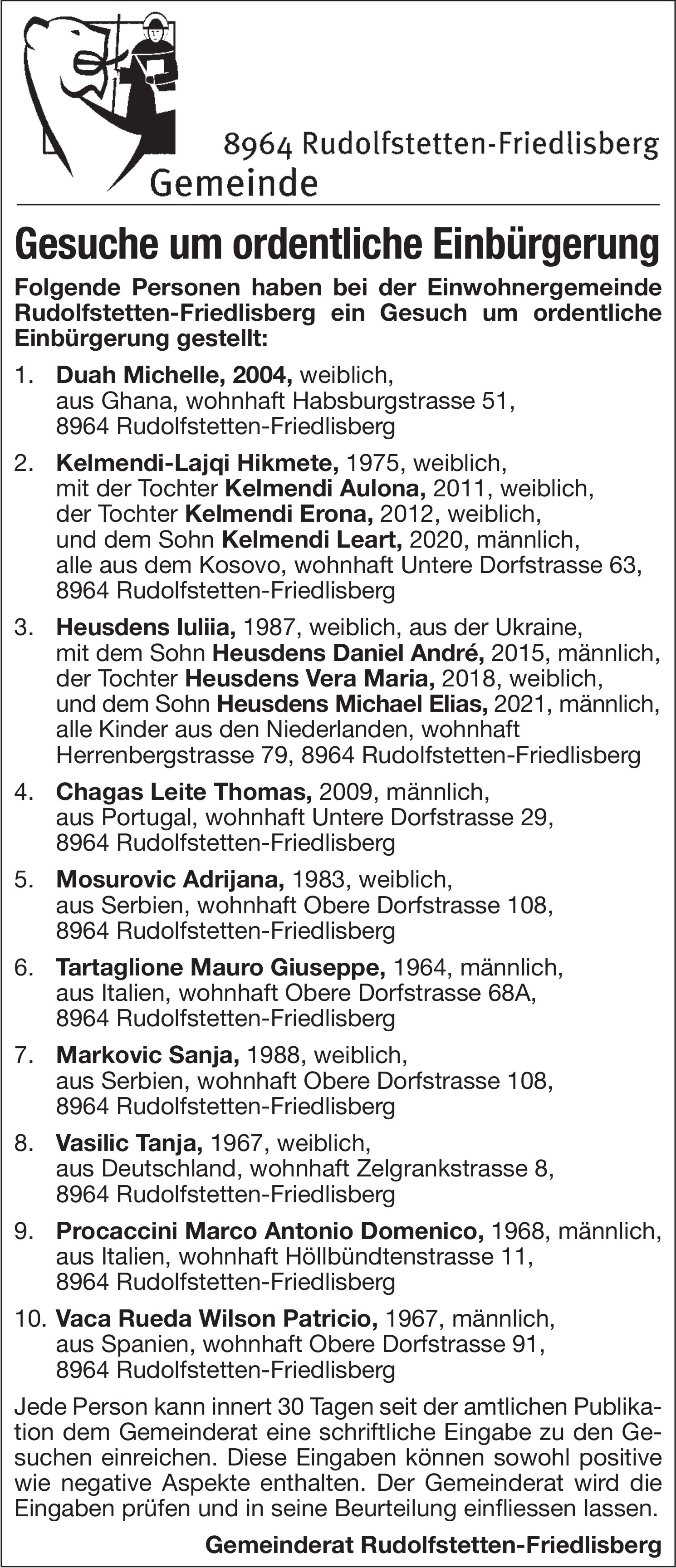 Gemeinde Rudolfstetten-Friedlisberg - Gesuche um ordentliche Einbürgerung