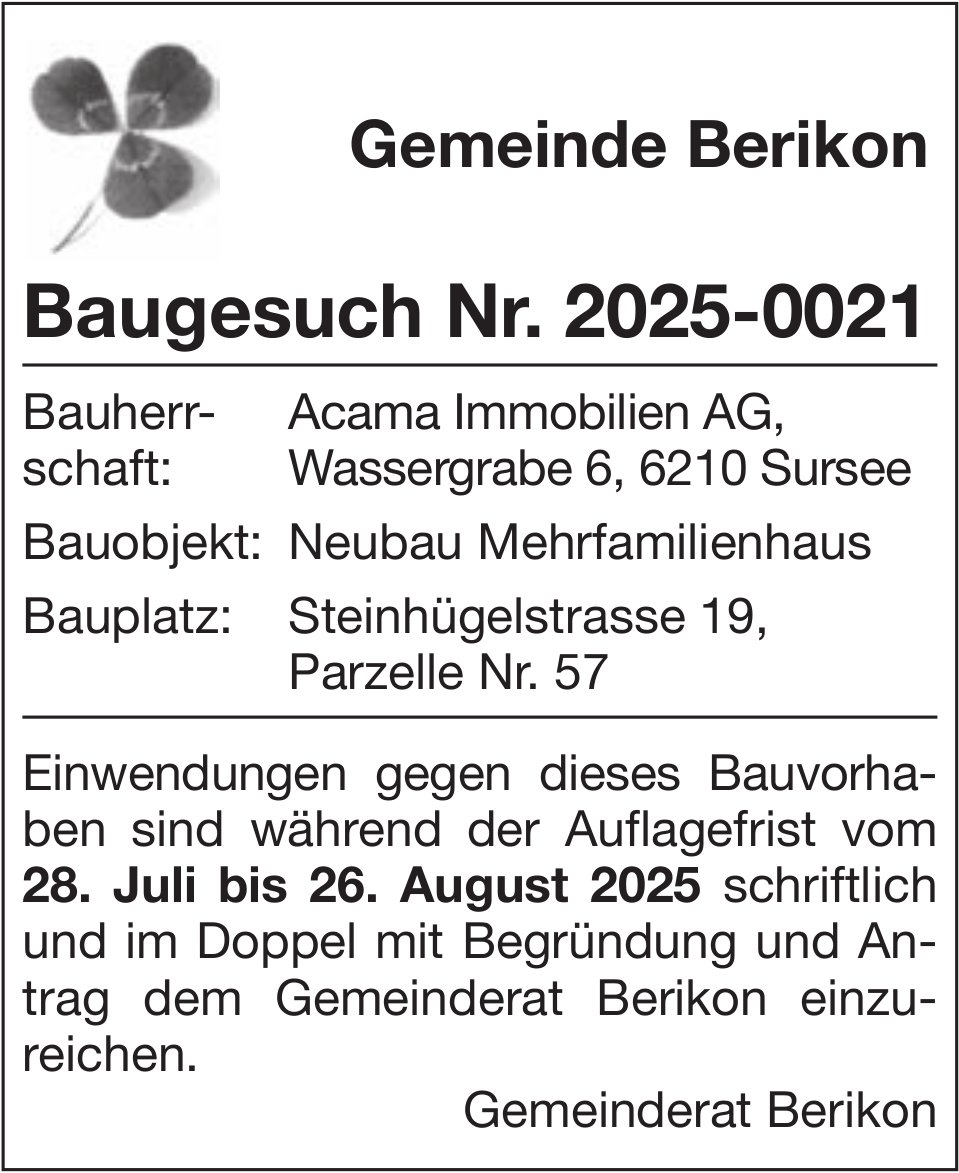 Gemeinde Berikon, Baugesuch Nr. 2025-0021