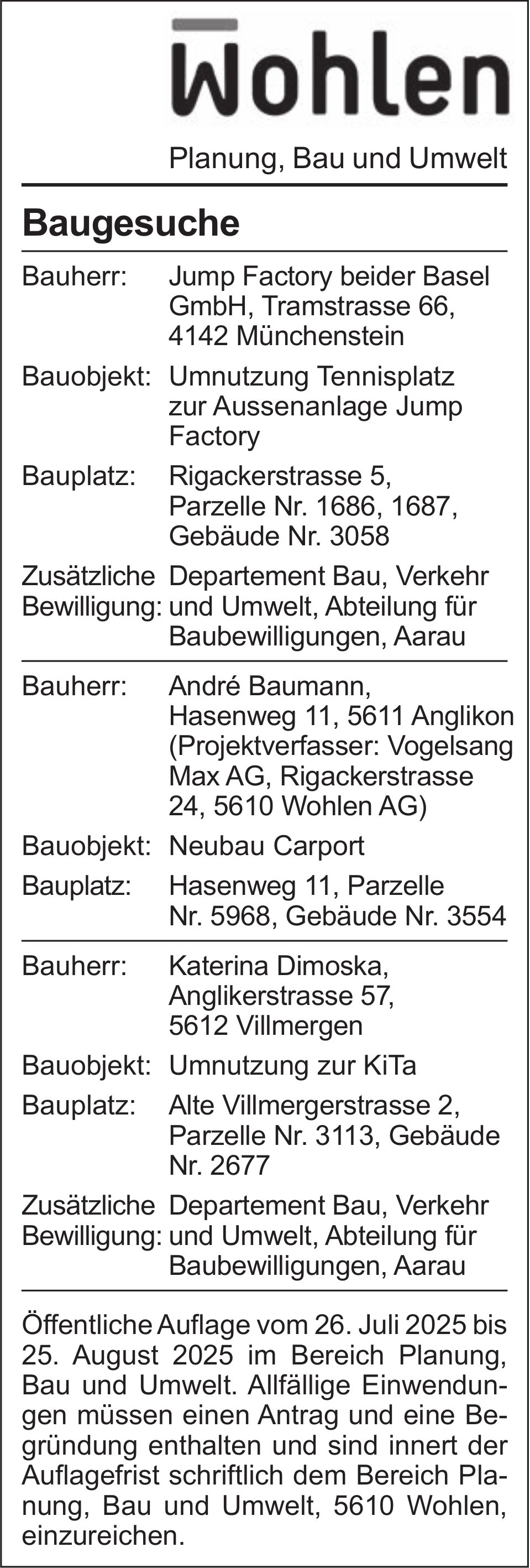 Wohlen, Baugesuche