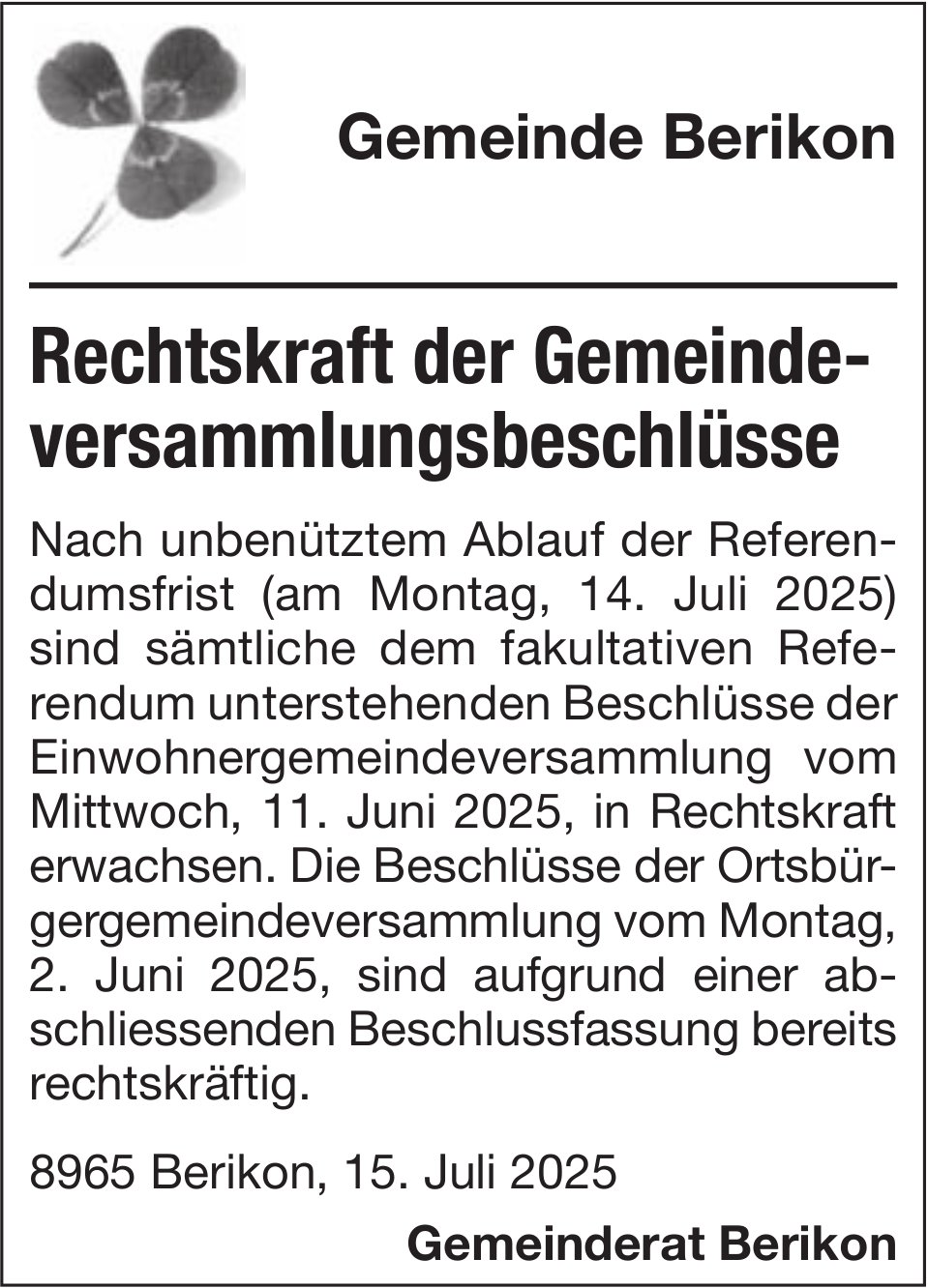 Gemeinde Berikon, Rechtskraft der Gemeindeversammlungsbeschlüsse