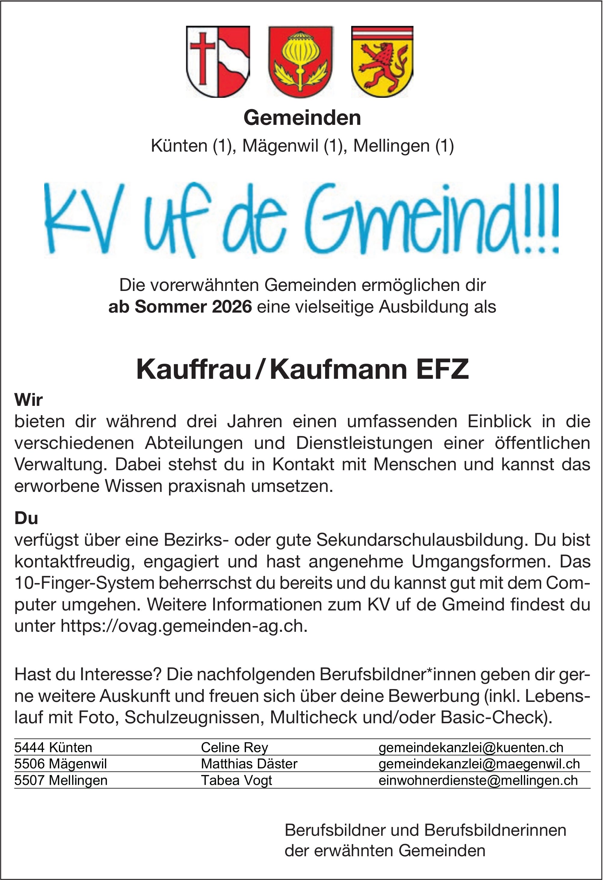 Ausbildung als Kauffrau / Kaufmann EFZ, Gemeinden Künten, Mägenwil,  Mellingen, zu vergeben