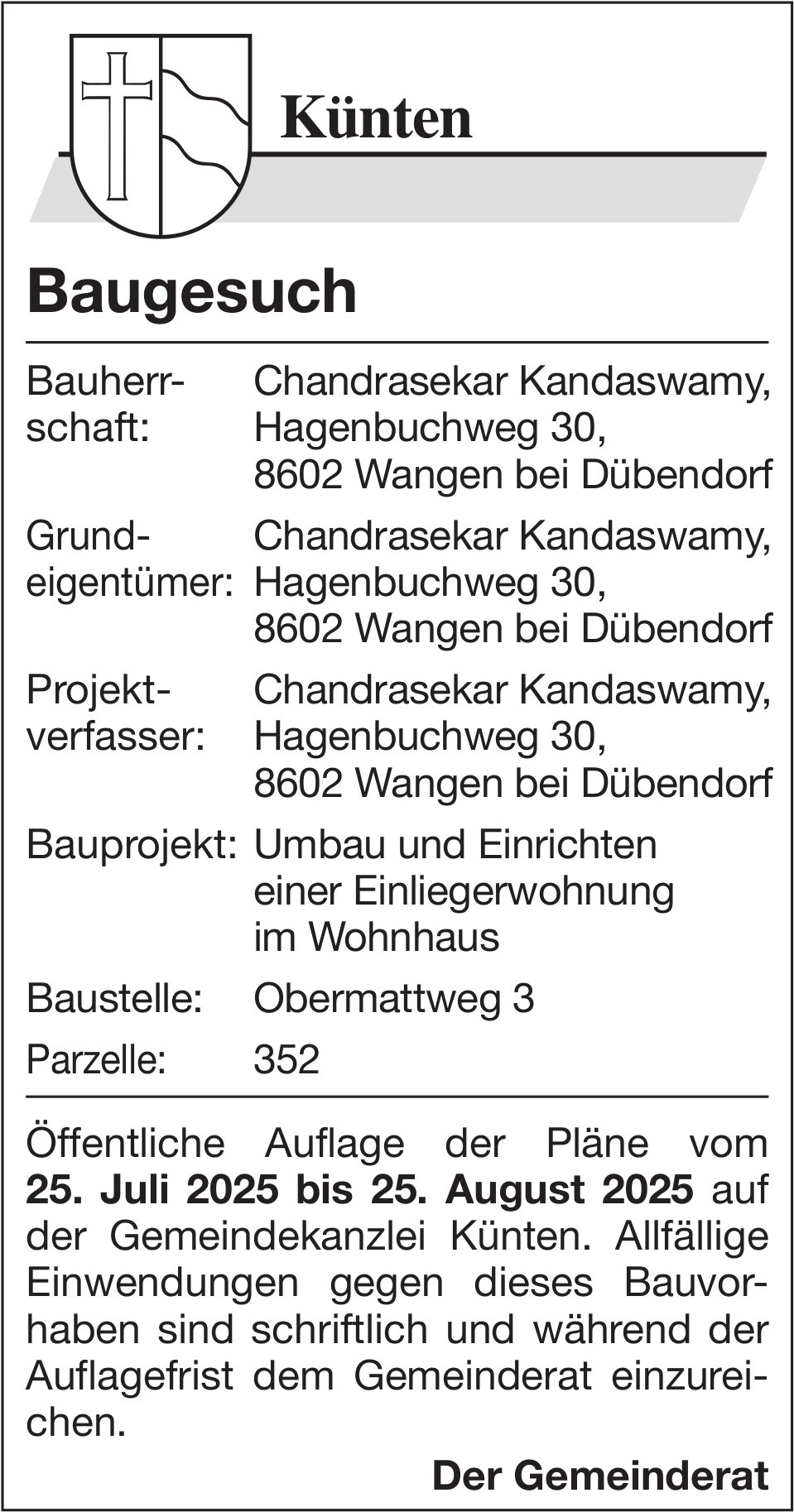 Künten, Baugesuch