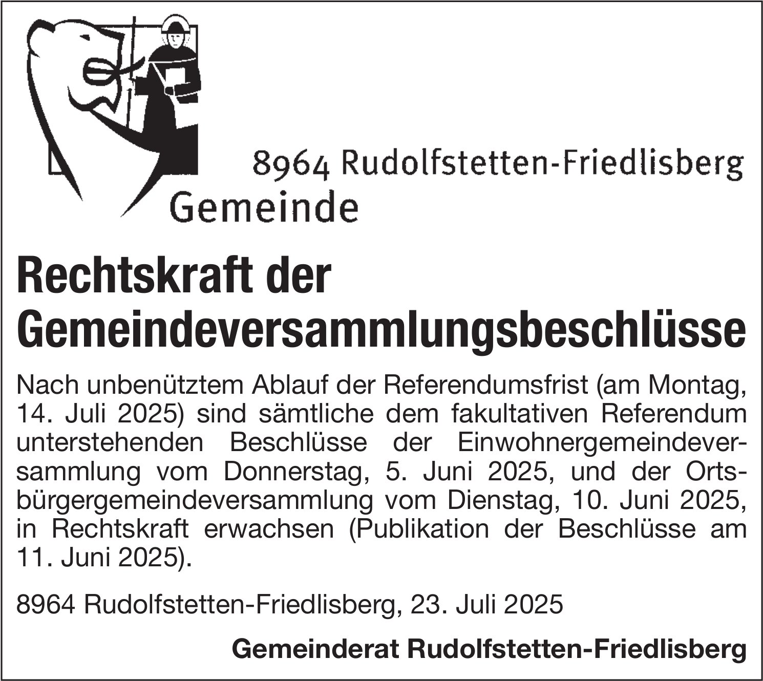Gemeinde Rudolfstetten-Friedlisberg, Rechtskraft der Gemeindeversammlungsbeschlüsse