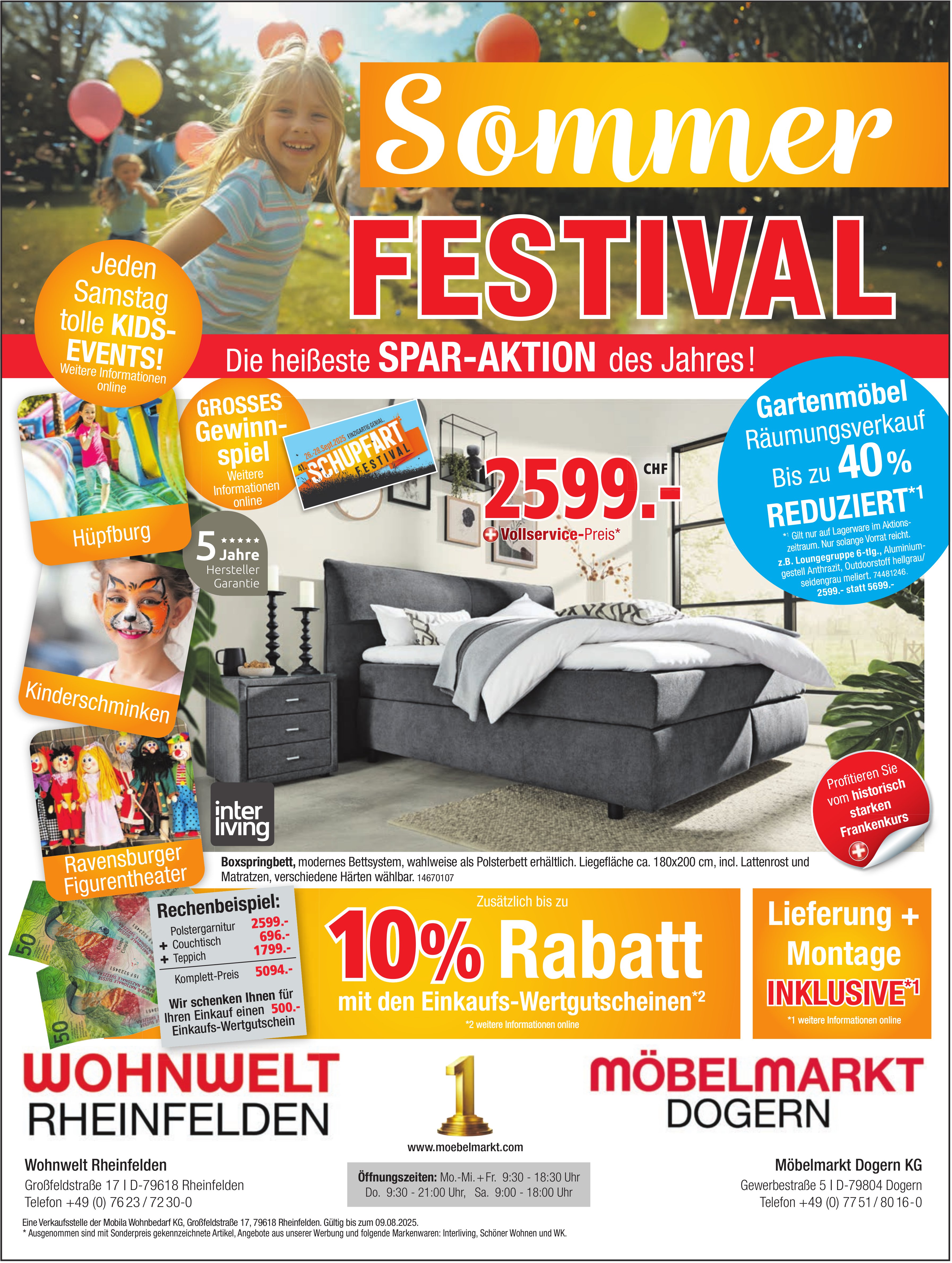 Sommer Festival - Die heisseste Spar-Aktion des Jahres!, bis 9. August - Wohnwelt Rheinfelden / Möbelmarkt Dogern KG