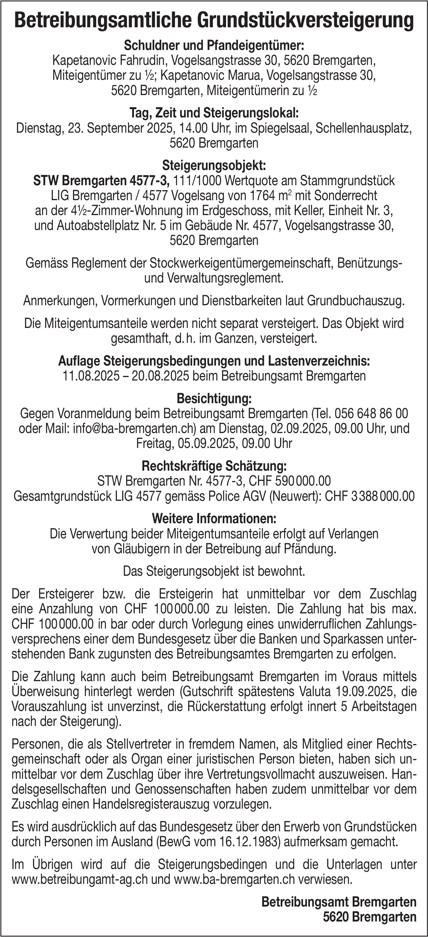 Sonstiges, Betreibungsamt Bremgarten, Betreibungsamtliche Grundstückversteigerung