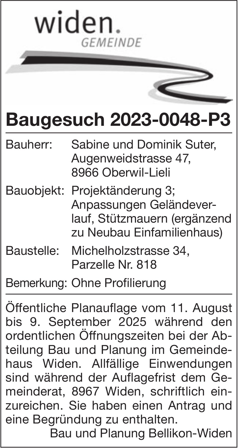 Baugesuche, Gemeinde Widen, Baugesuch 2023-0048-P3