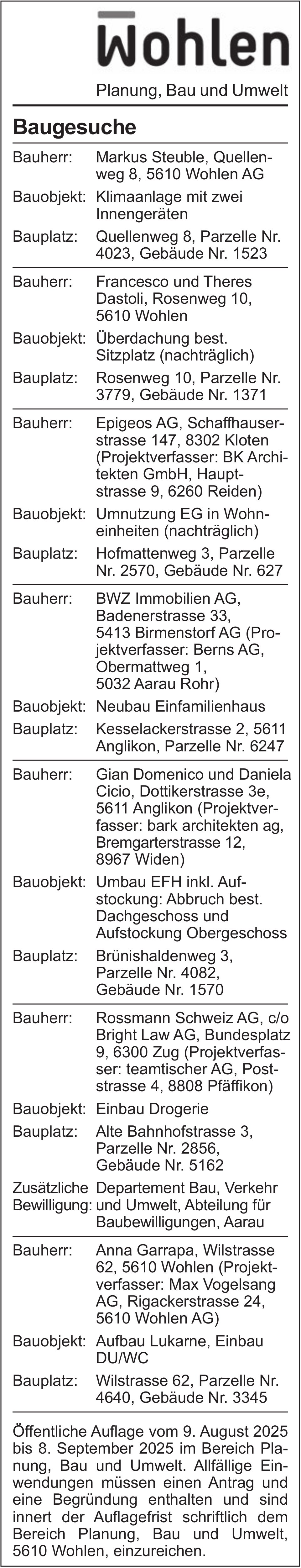 Baugesuche, Wohlen