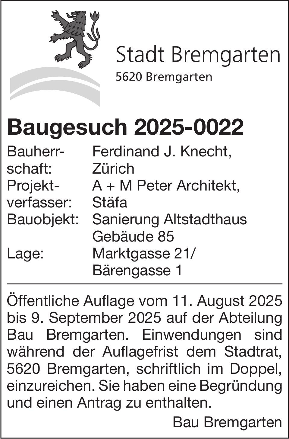 Baugesuche, Stadt Bremgarten, Baugesuch 2025-0022