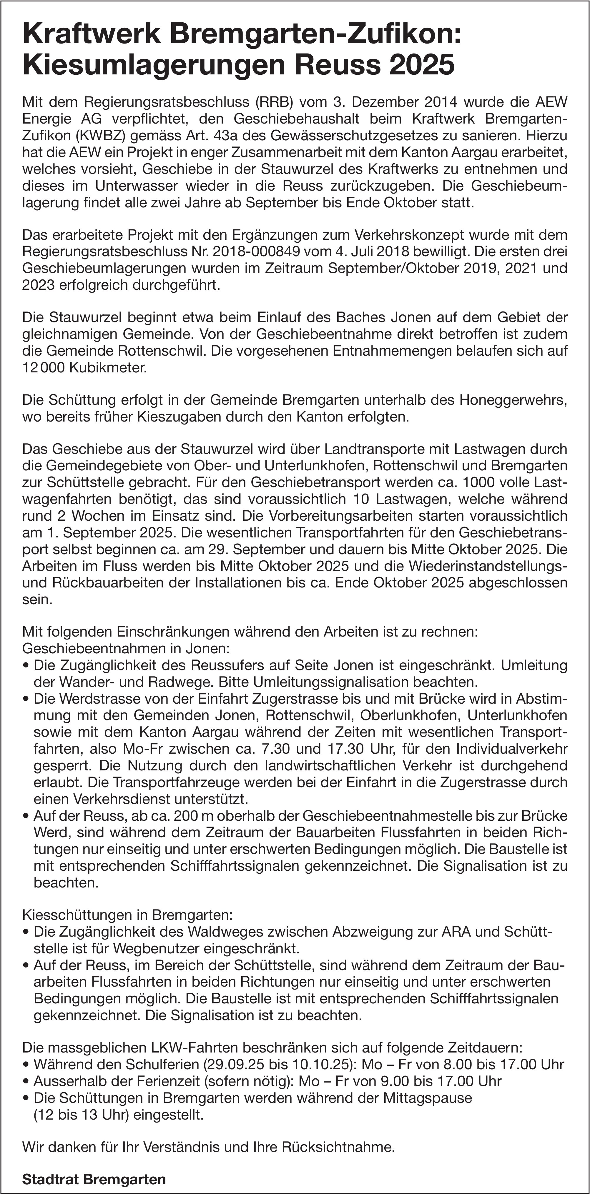 Sonstiges, Stadtrat Bremgarten, Kraftwerk Bremgarten-Zufikon: Kiesumlagerungen Reuss 2025