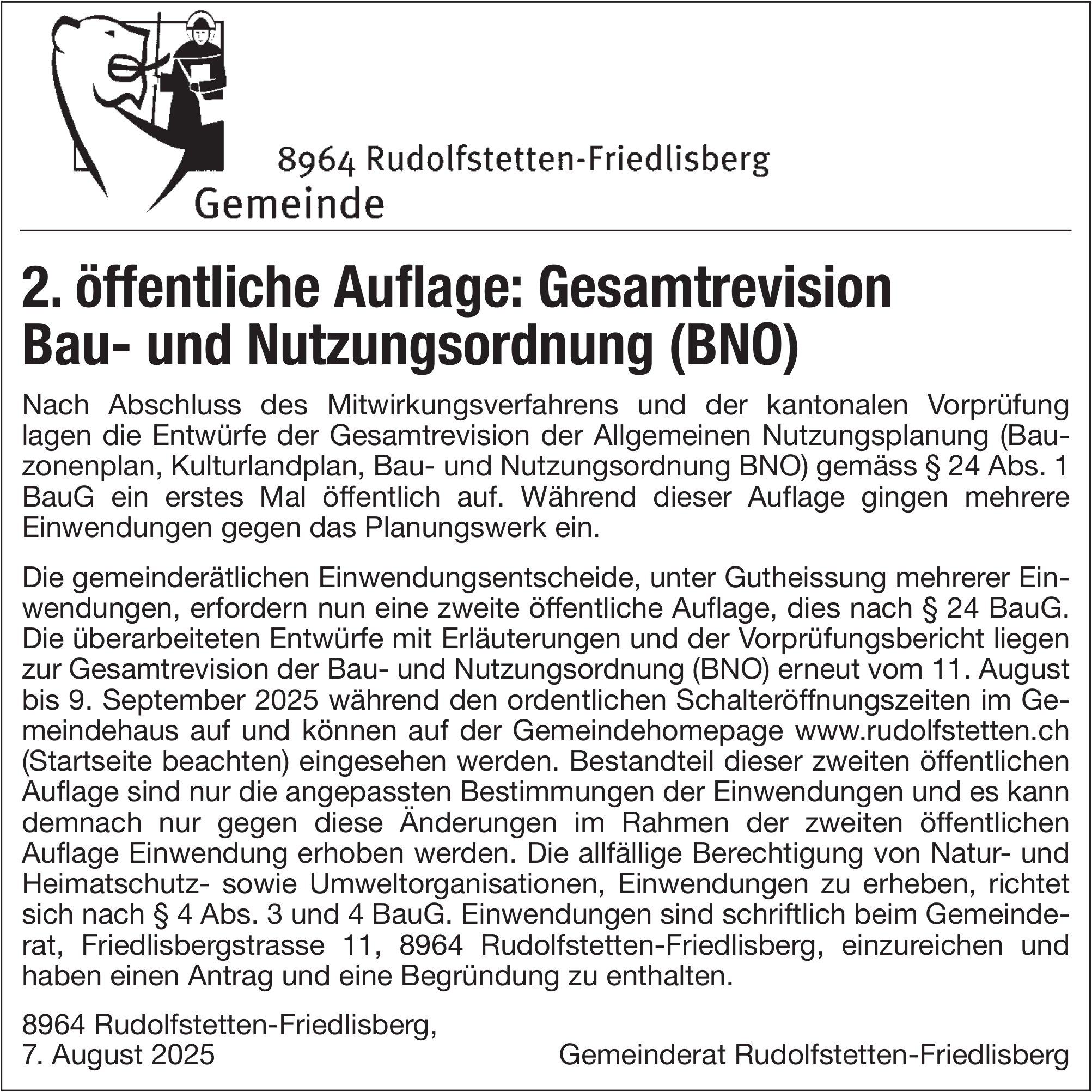 Gemeinde Rudolfstetten-Friedlisberg, 2. öffentliche Auflage: Gesamtrevision Bau- und Nutzungsordnung (BNO)
