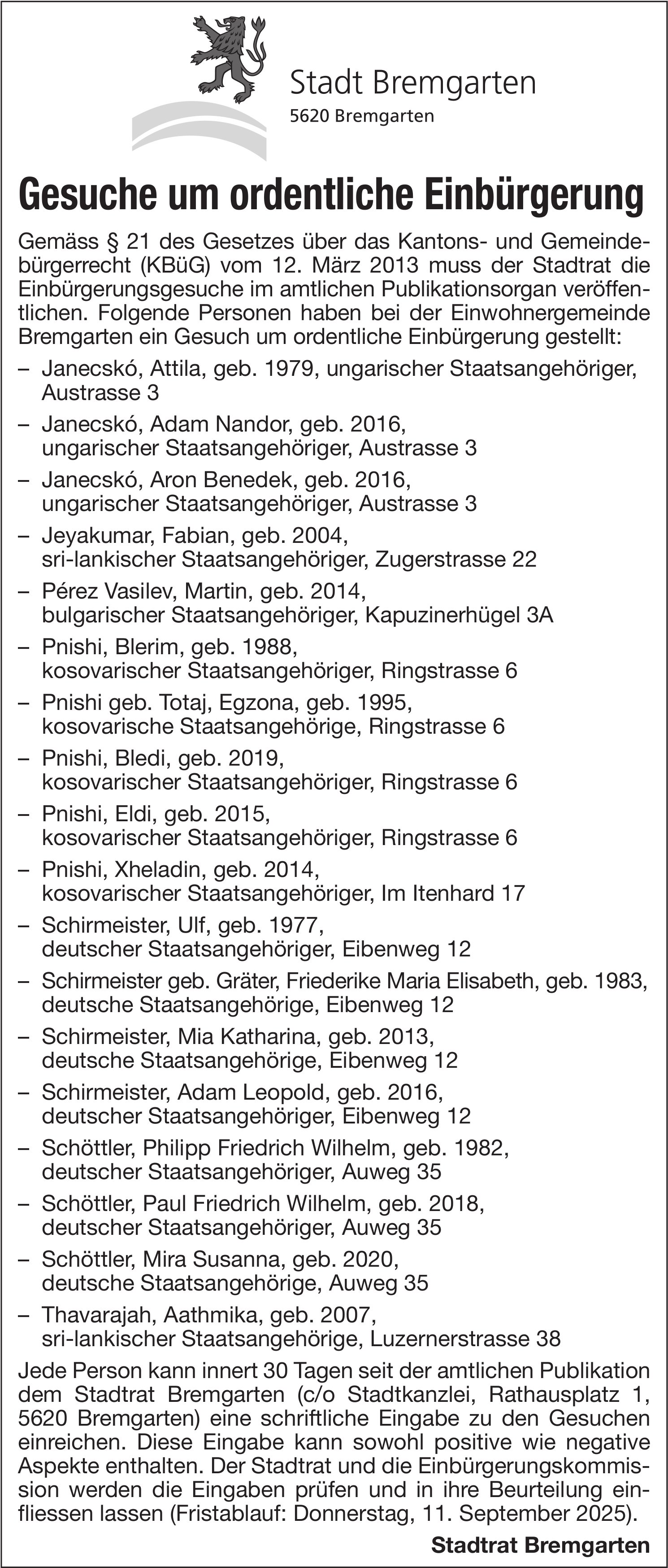 Sonstiges, Stadt Bremgarten, Gesuche um ordentliche Einbürgerung