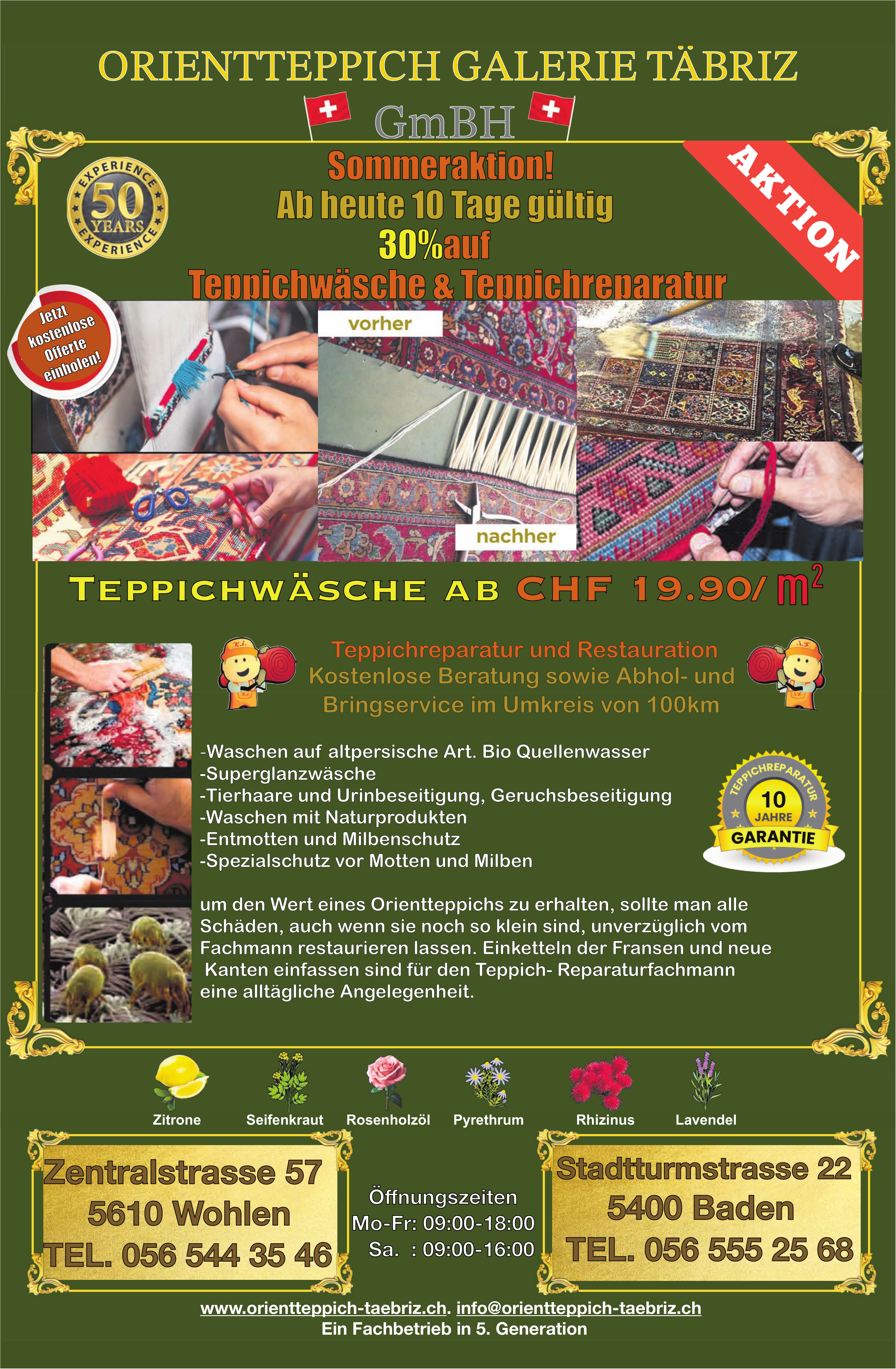 Sommeraktion! 30% auf Teppichwäsche & Teppichreparatur, 19. - 29. August, Wohlen & Baden