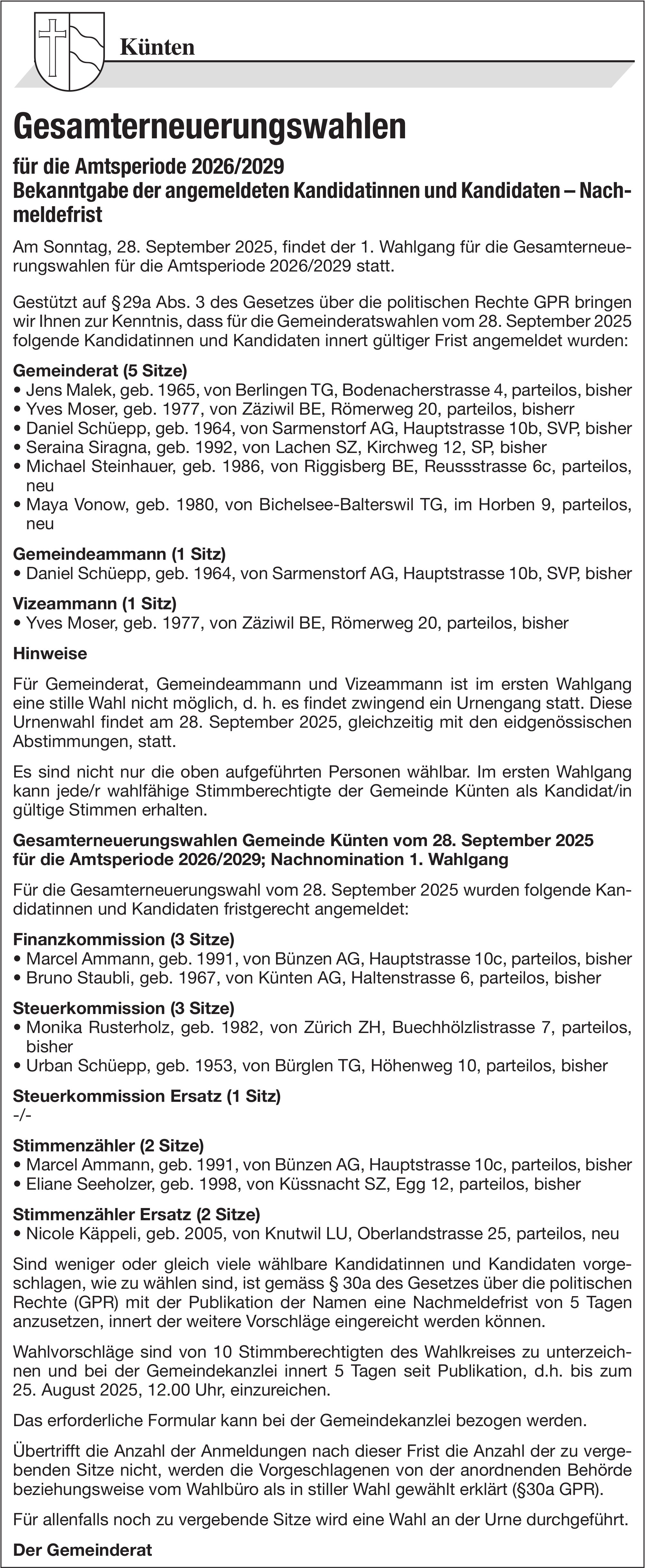 Künten, Gesamterneuerungswahlen