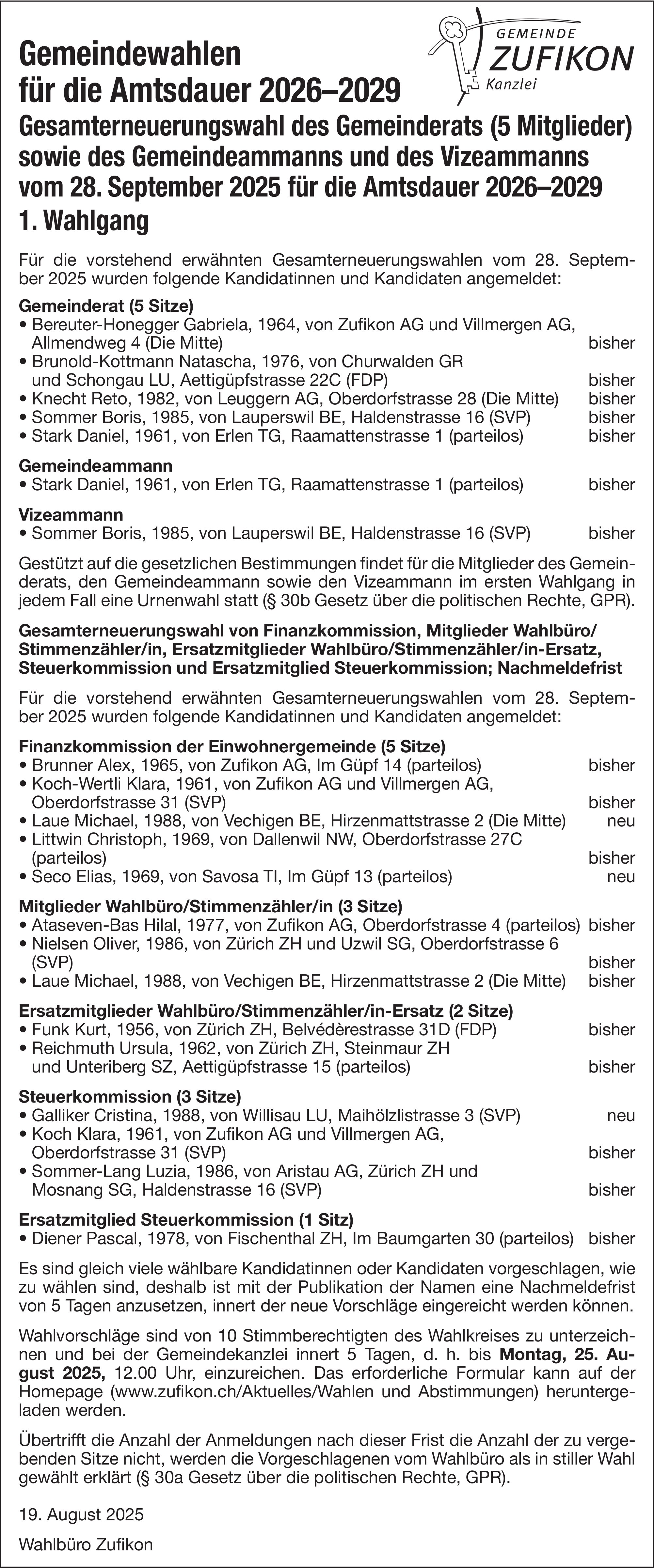 Wahlen & Abstimmungen, Gemeinde Zufikon, Gemeindewahlen für die Amtsdauer 2026–2029