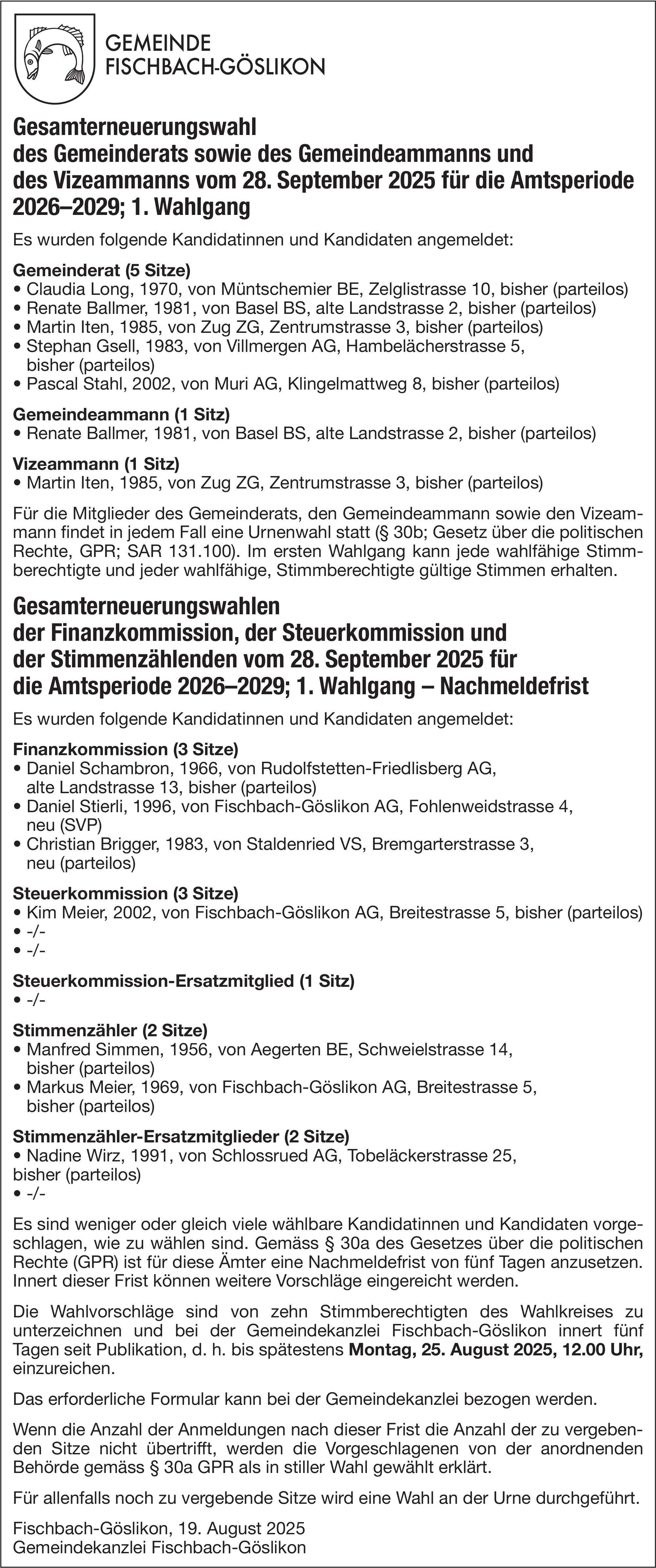 Wahlen & Abstimmungen - Gemeinde Fischbach-Göslikon, Gesamterneuerungswahl des Gemeinderats sowie des Gemeindeammanns und des Vizeammanns vom 28. Sept., Amtsperiode 2026-2029