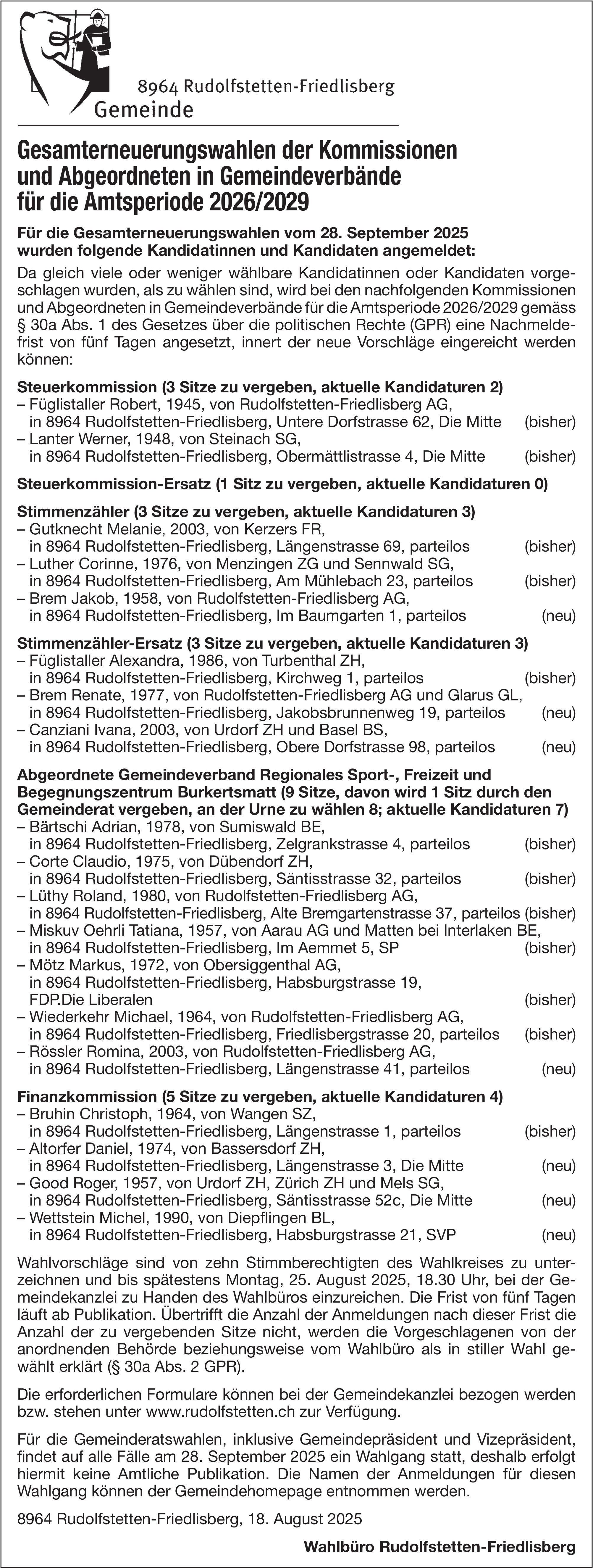 Gemeinde Rudolfstetten-Friedlisberg, Gesamterneuerungswahlen der Kommissionen und Abgeordneten in Gemeindeverbände, Amtsperiode 2026/2029