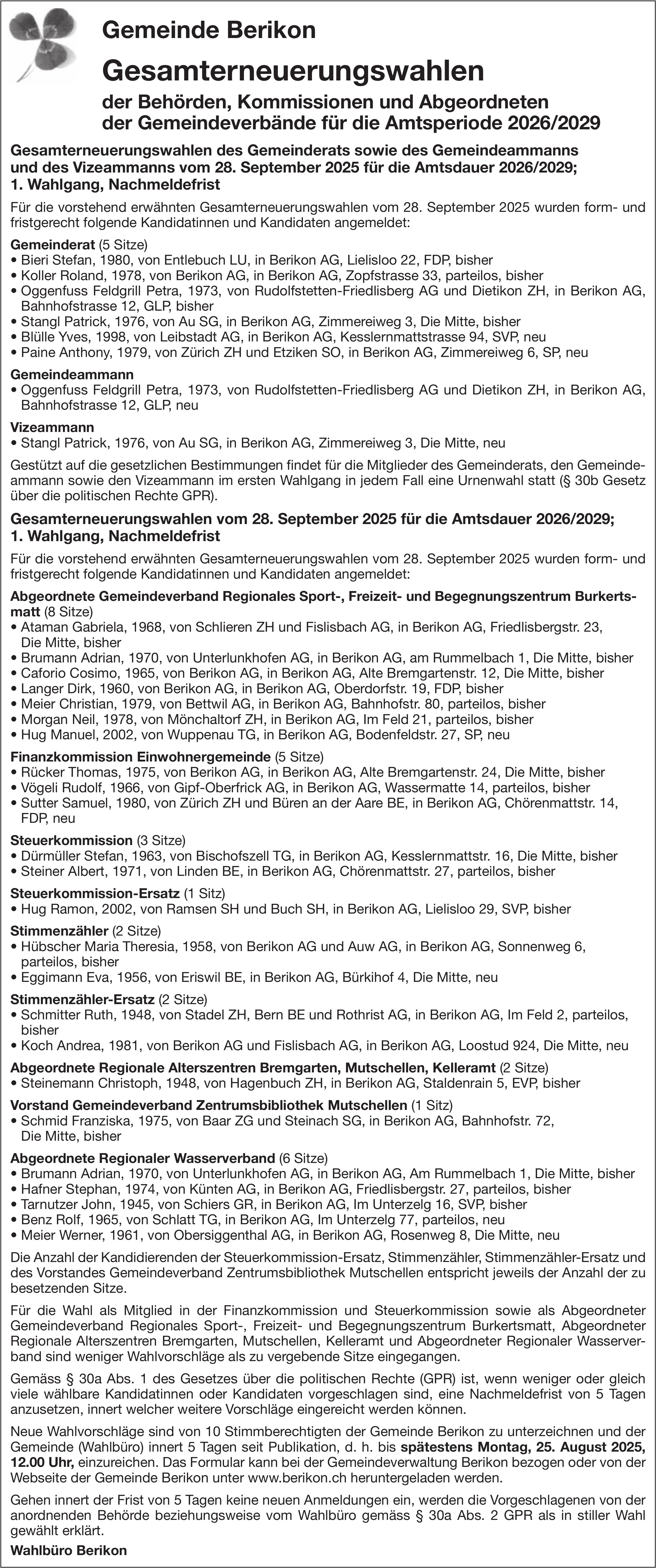 Wahlen & Abstimmungen - Gemeinde Berikon, Gesamterneuerungswahlen