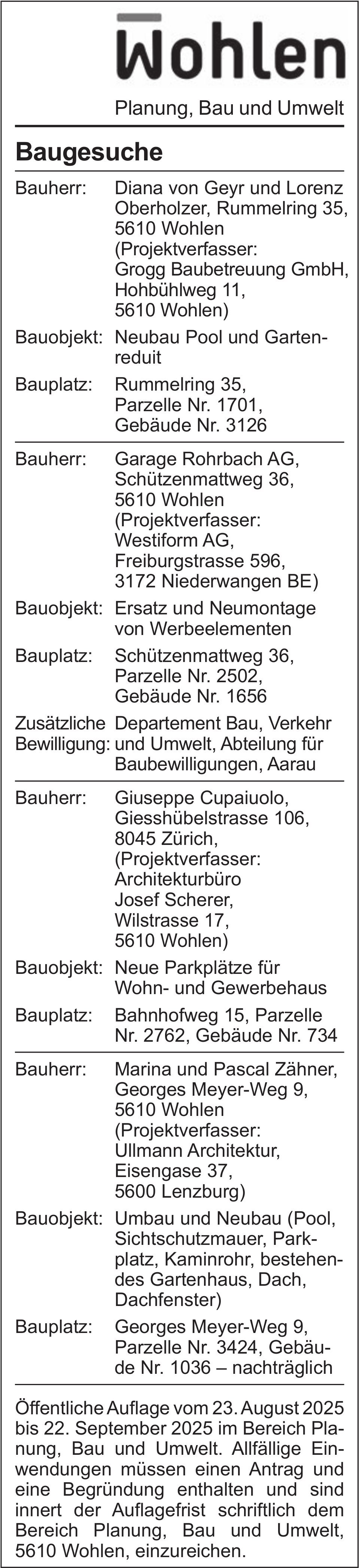 Baugesuche, Wohlen