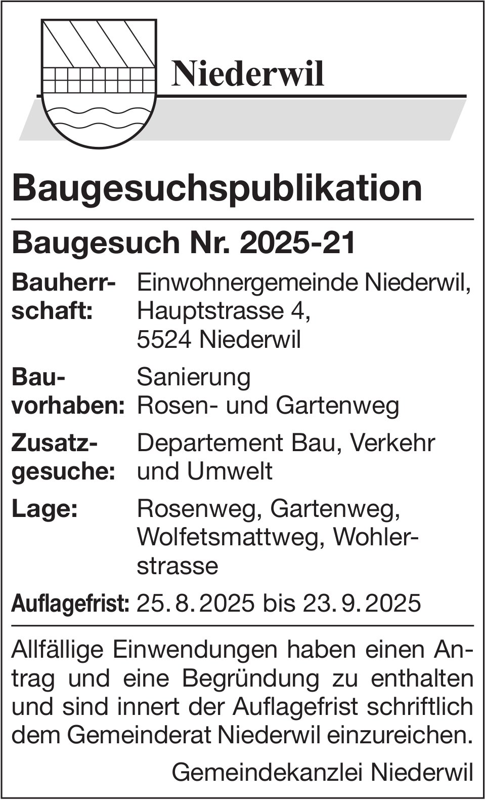 Baugesuche, Niederwil, Baugesuchspublikation, Baugesuch Nr. 2025-21