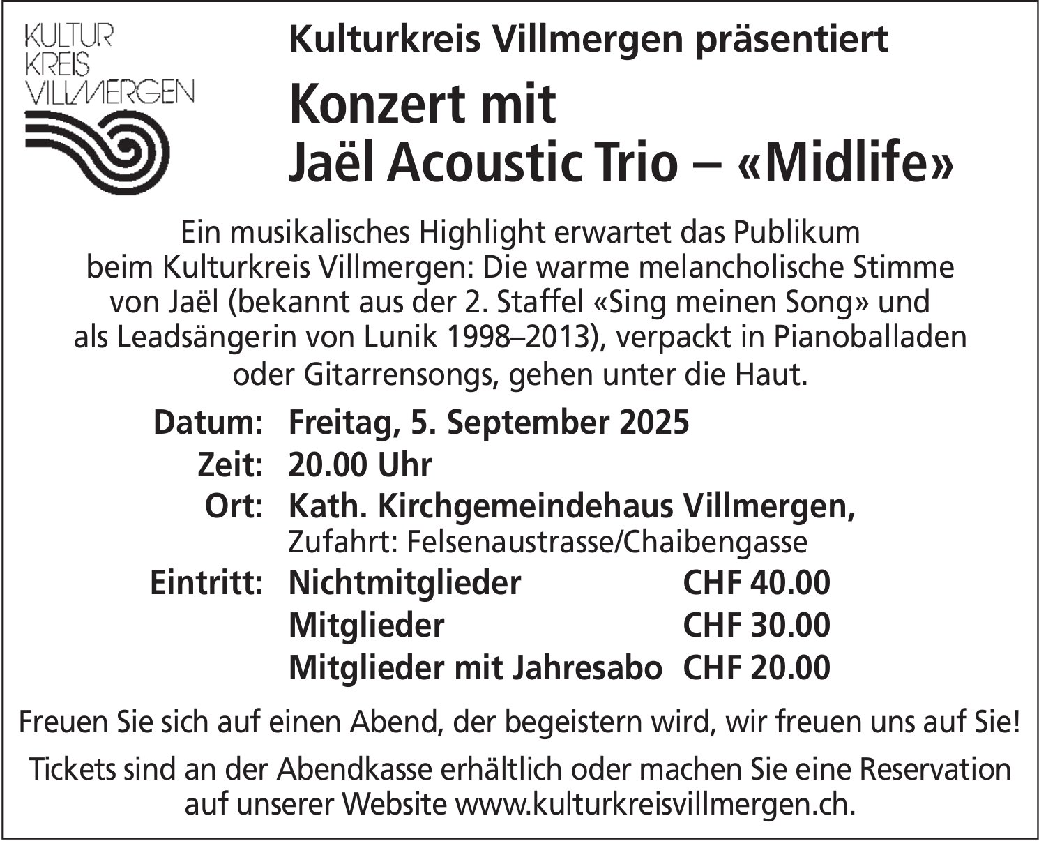 Konzert mit Jaël Acoustic Trio – «Midlife», 5. September, Kath. Kirchgemeindehaus Villmergen