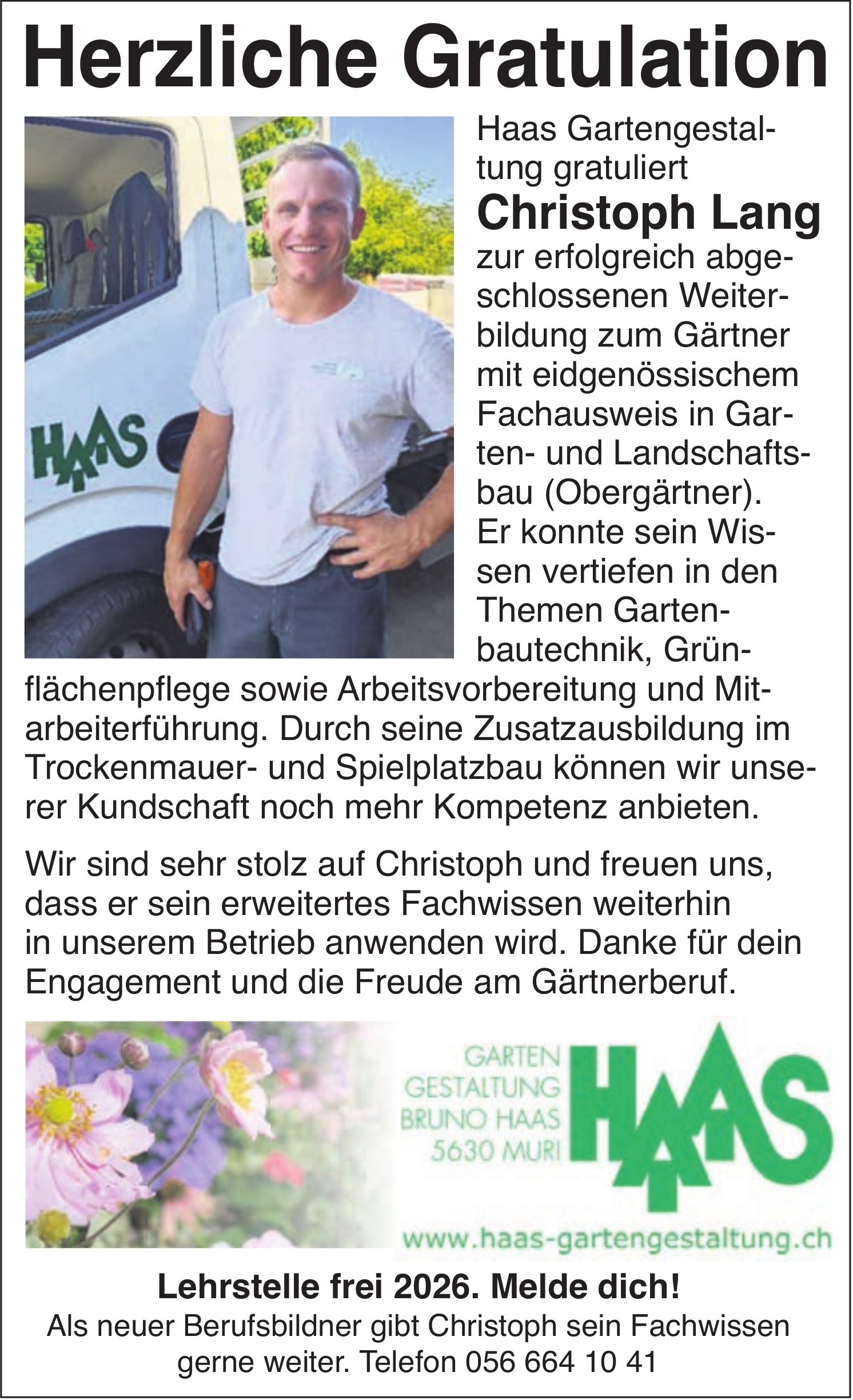 Haas Gartengestaltung, Herzliche Gratulation Christoph Lang