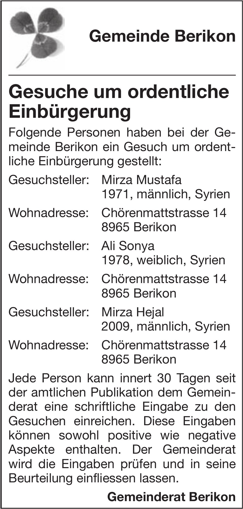 Gemeinde Berikon, Gesuche um ordentliche Einbürgerung