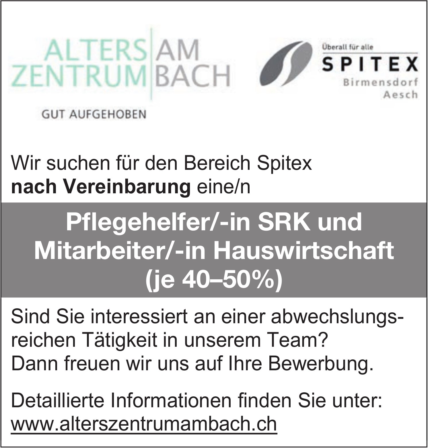 Pflegehelfer/-in SRK und Mitarbeiter/-in Hauswirtschaft (je 40–50%), Alterszentrum Ambach, gesucht