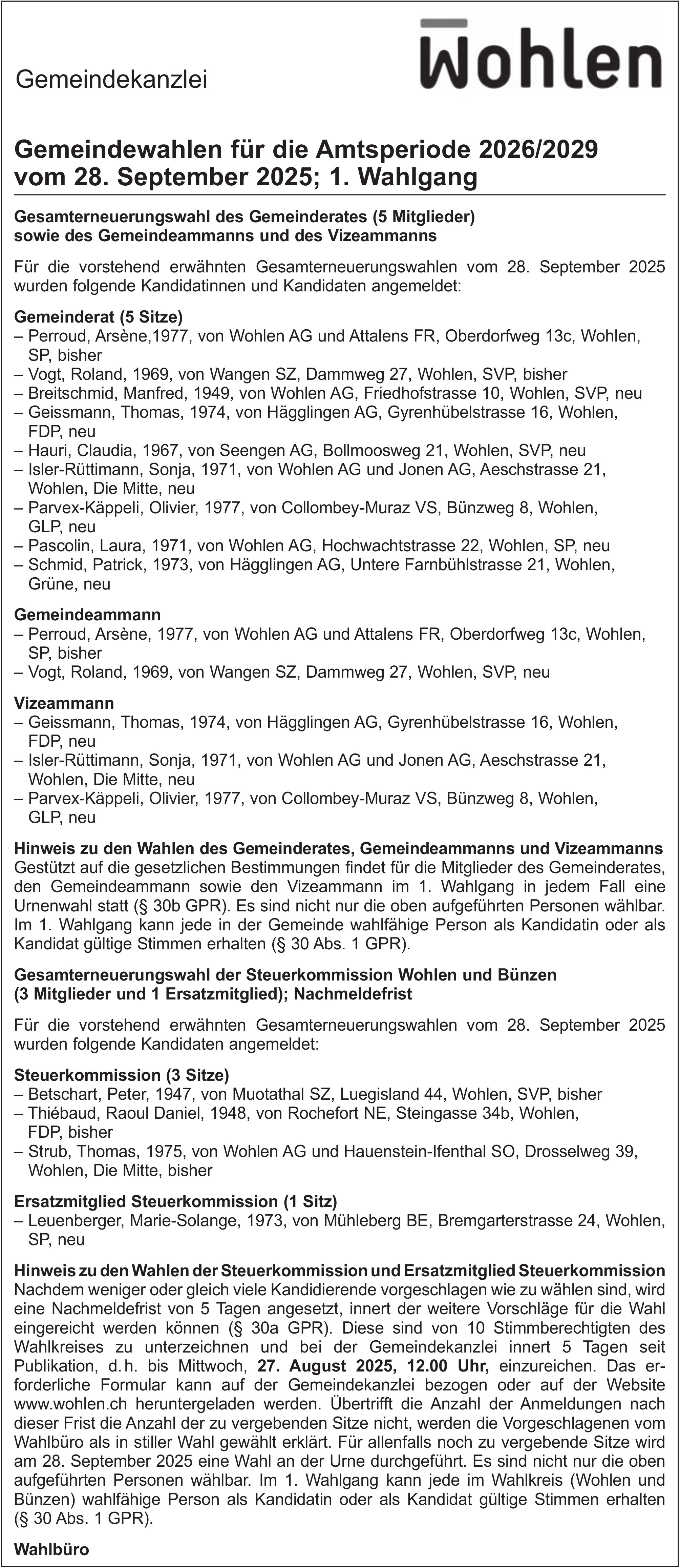 Wahlen & Abstimmungen, Gemeindekanzlei Wohlen, Gemeindewahlen für die Amtsperiode 2026/2029