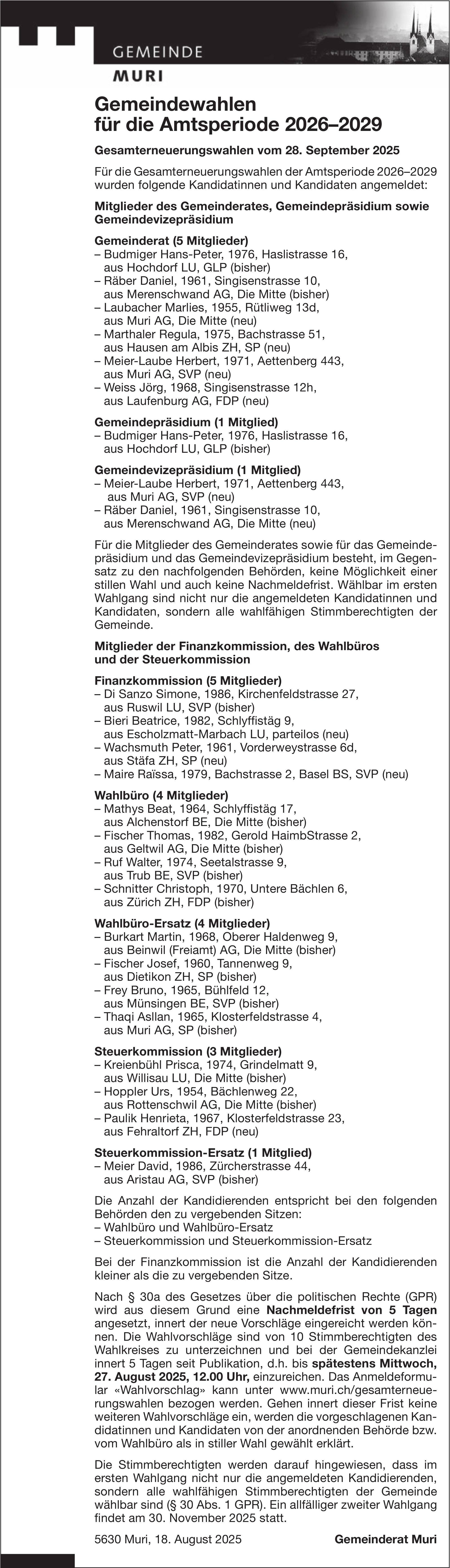 Wahlen & Abstimmungen, Gemeinde Muri, Gemeindewahlen für die Amtsperiode 2026–2029