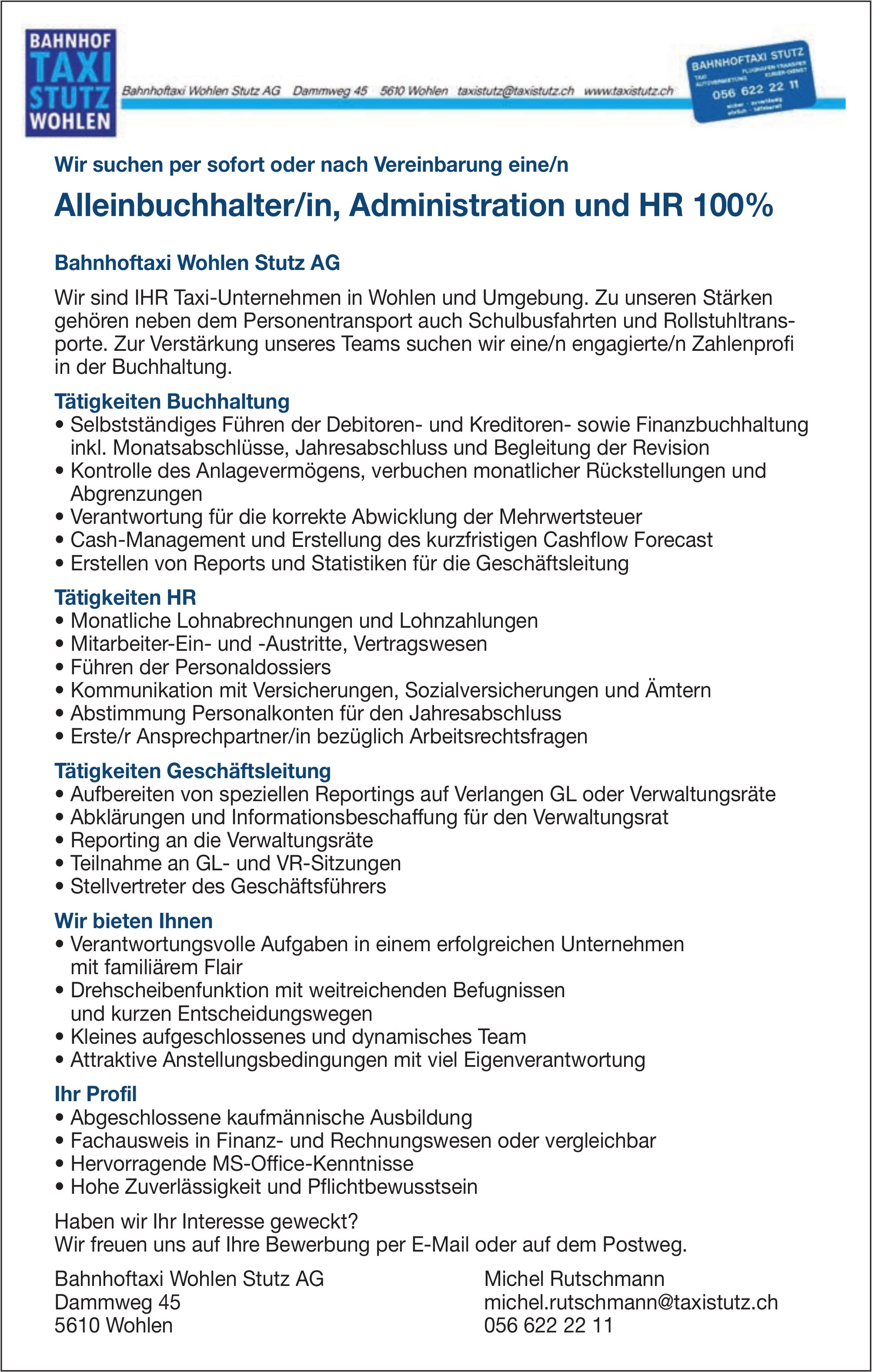 Alleinbuchhalter/in, Administration und HR 100%, Bahnhoftaxi Stutz Wohlen AG, gesucht
