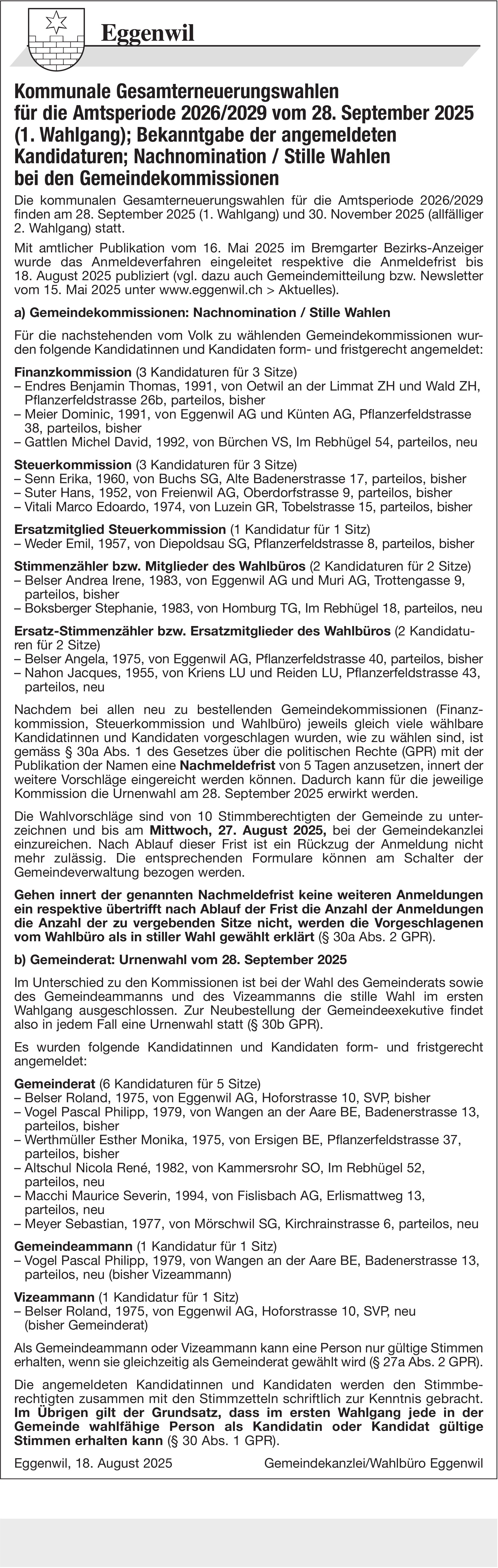 Wahlen & Abstimmungen, Eggenwil, Kommunale Gesamterneuerungswahlen für die Amtsperiode 2026/2029