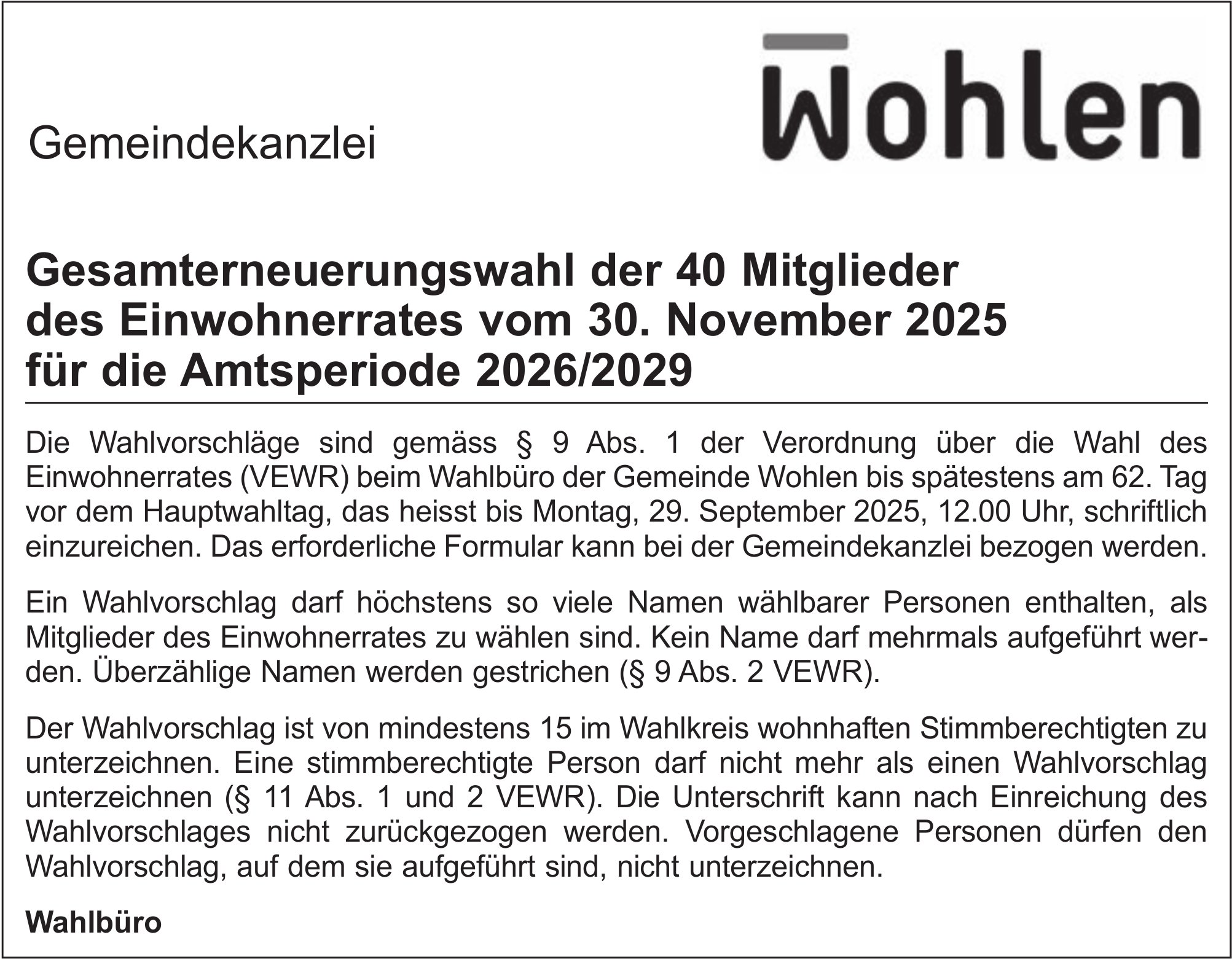 Wahlen & Abstimmungen, Gemeindekanzlei Wohlen, Gesamterneuerungswahl der 40 Mitglieder des Einwohnerrates, Amtsperiode 2026/2029