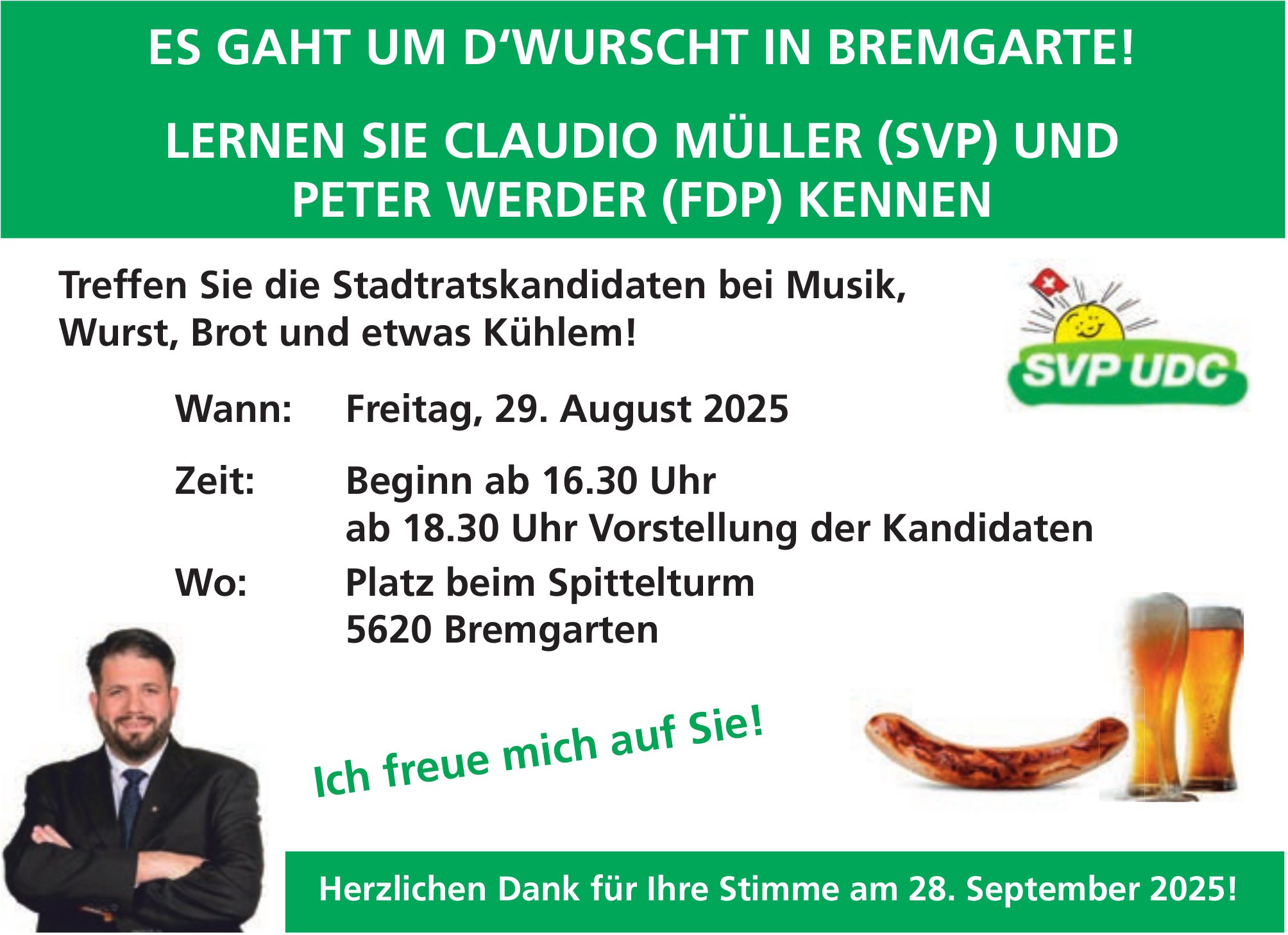 Lernen Sie Claudio Müller (SVP) und Peter Werder (FDP) kennen, 29. August, Platz beim Spittelturm, Bremgarten