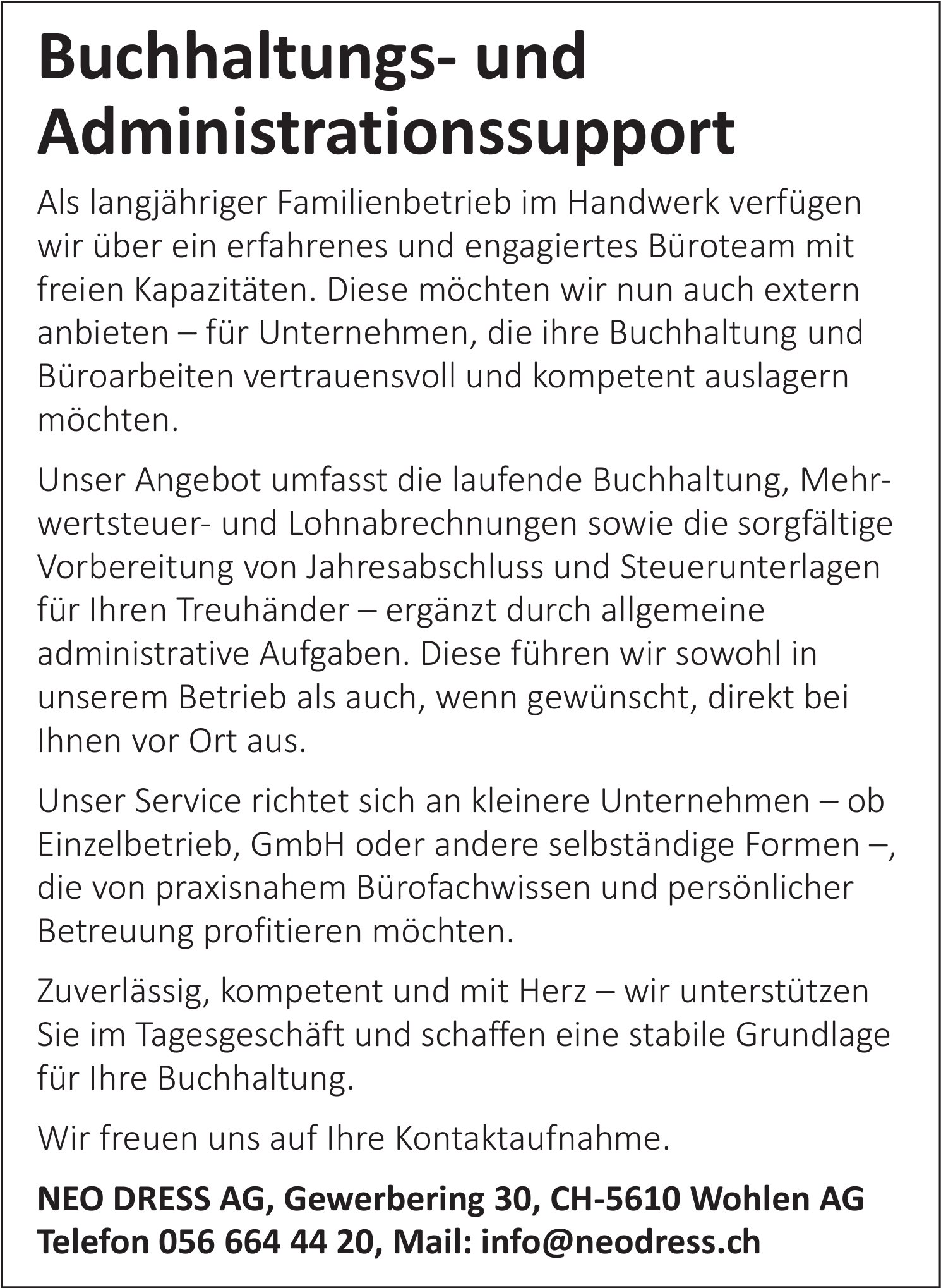 Buchhaltungs- und Administrationssupport, NEO DRESS AG, Wohlen AG, gesucht