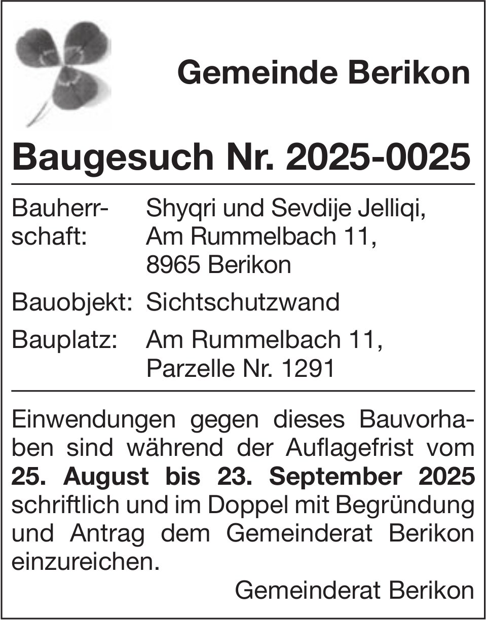 Baugesuche, Gemeinde Berikon, Baugesuch Nr. 2025-0025