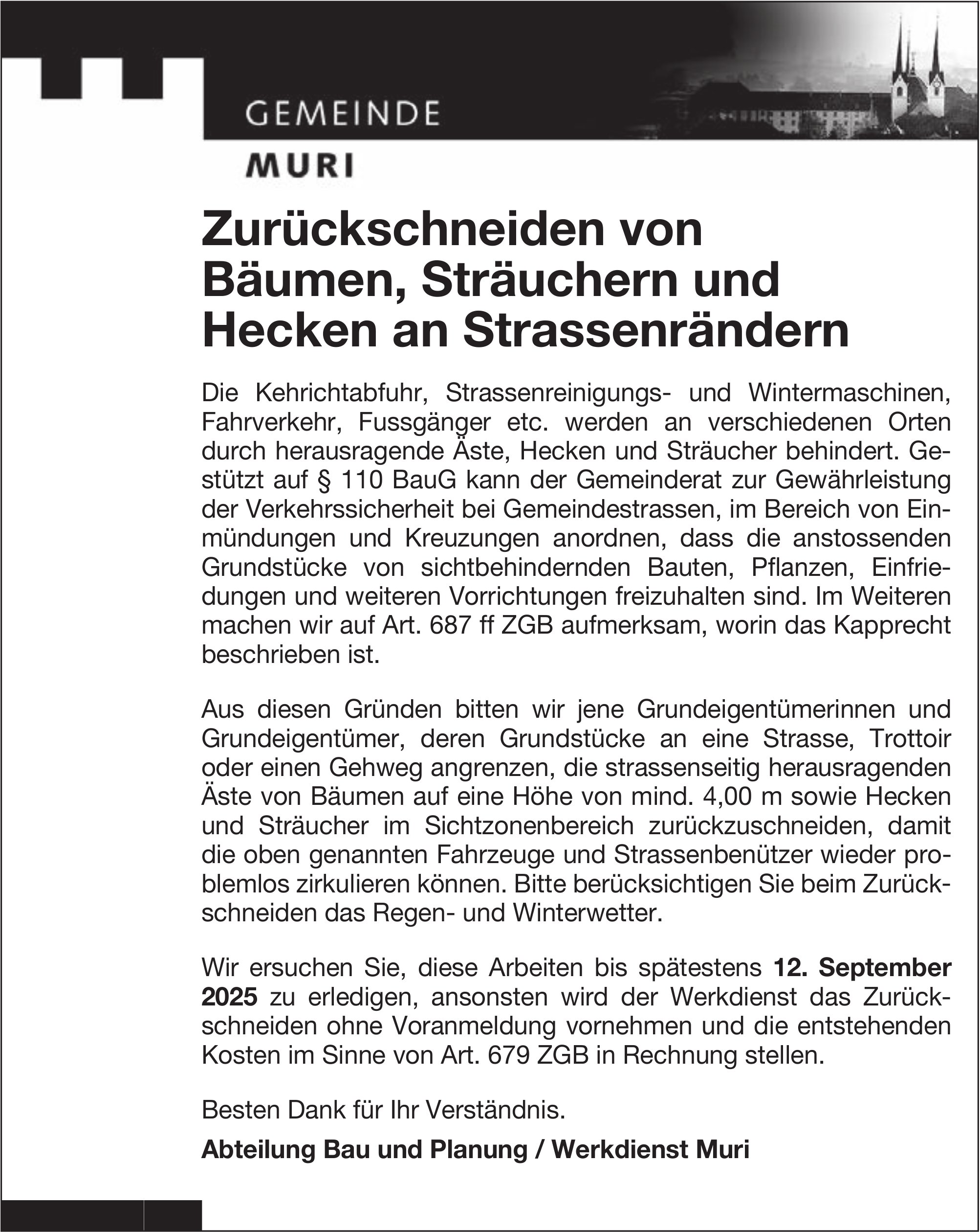 Gemeinde Muri, Zurückschneiden von Bäumen, Sträuchern und Hecken an Strassenrändern