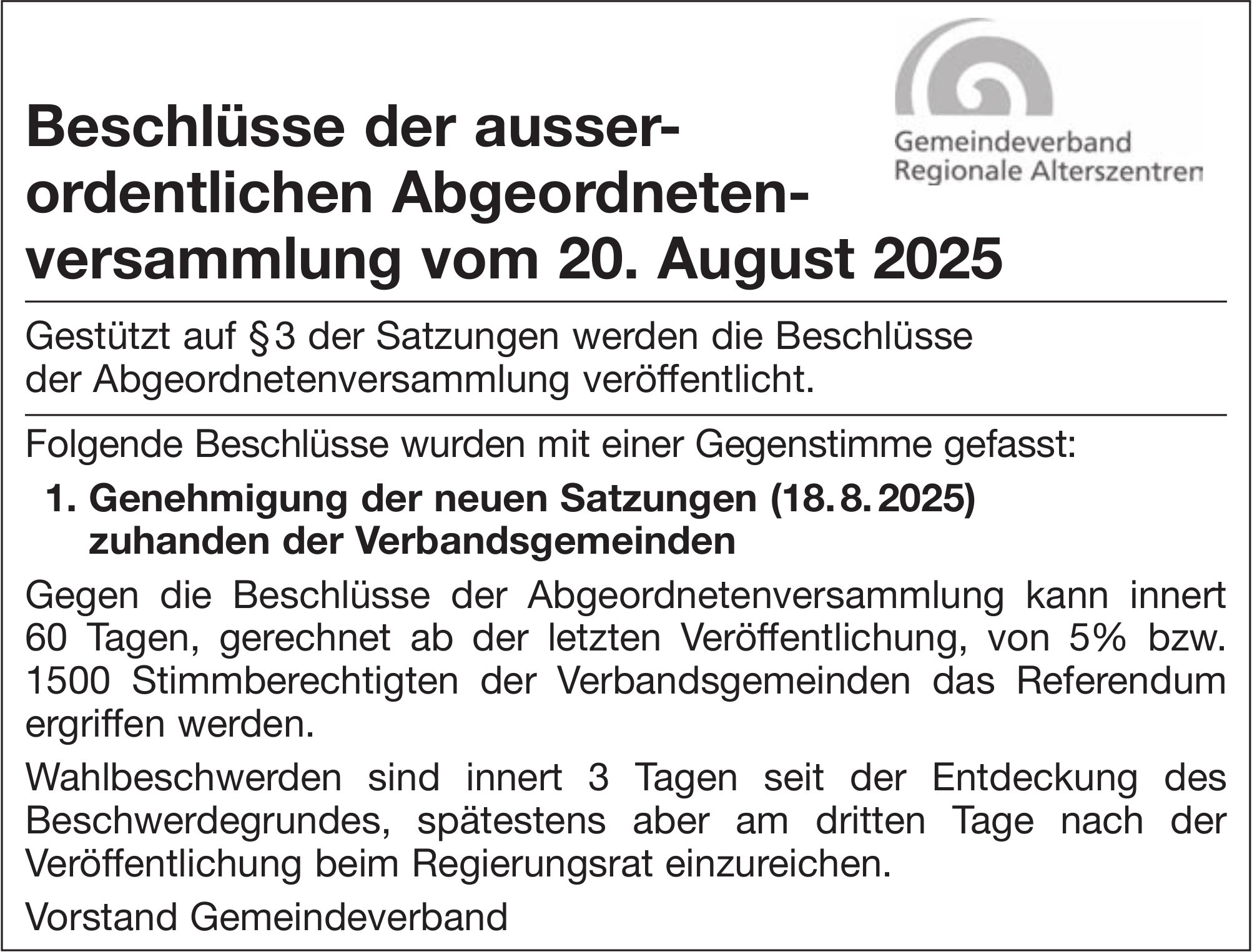 Sonstiges, Gemeindeverband Regionale Alterszentren, Beschlüsse der ausserordentlichen Abgeordnetenversammlung