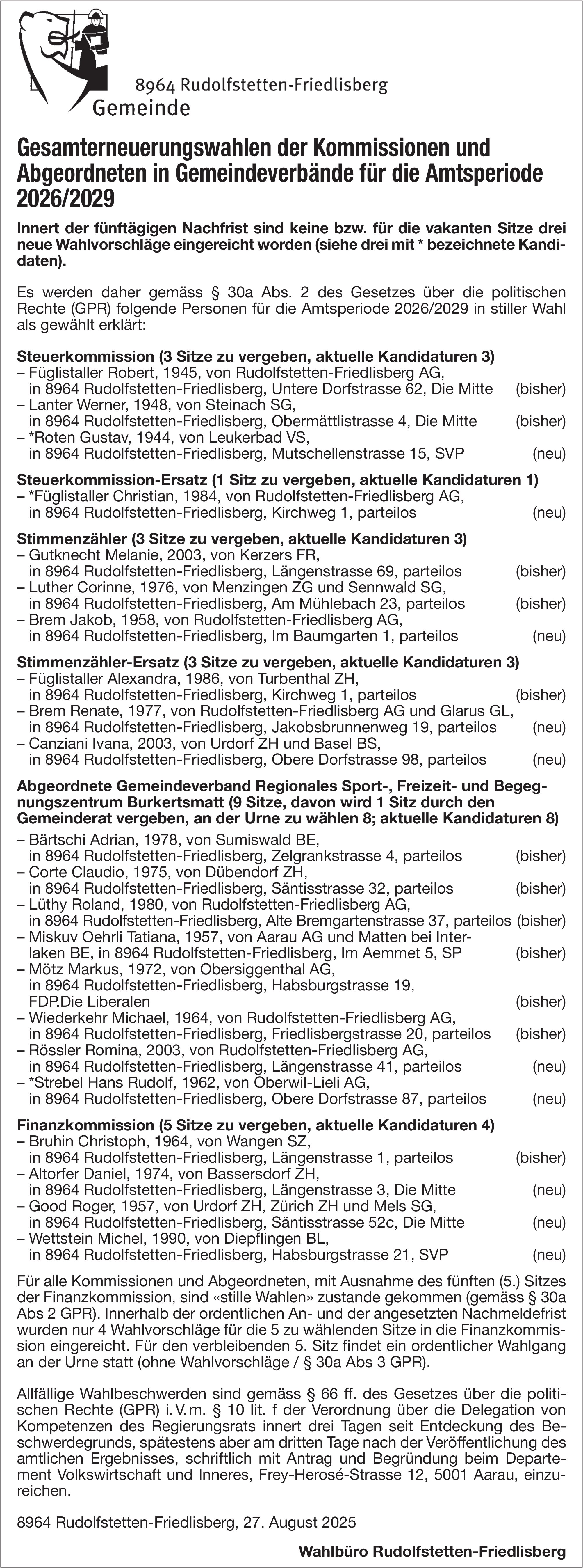 Wahlen & Abstimmungen, Gemeinde Rudolfstetten-Friedlisberg, Gesamterneuerungswahlen der Kommissionen und Abgeordneten in Gemeindeverbände für die Amtsperiode 2026/2029