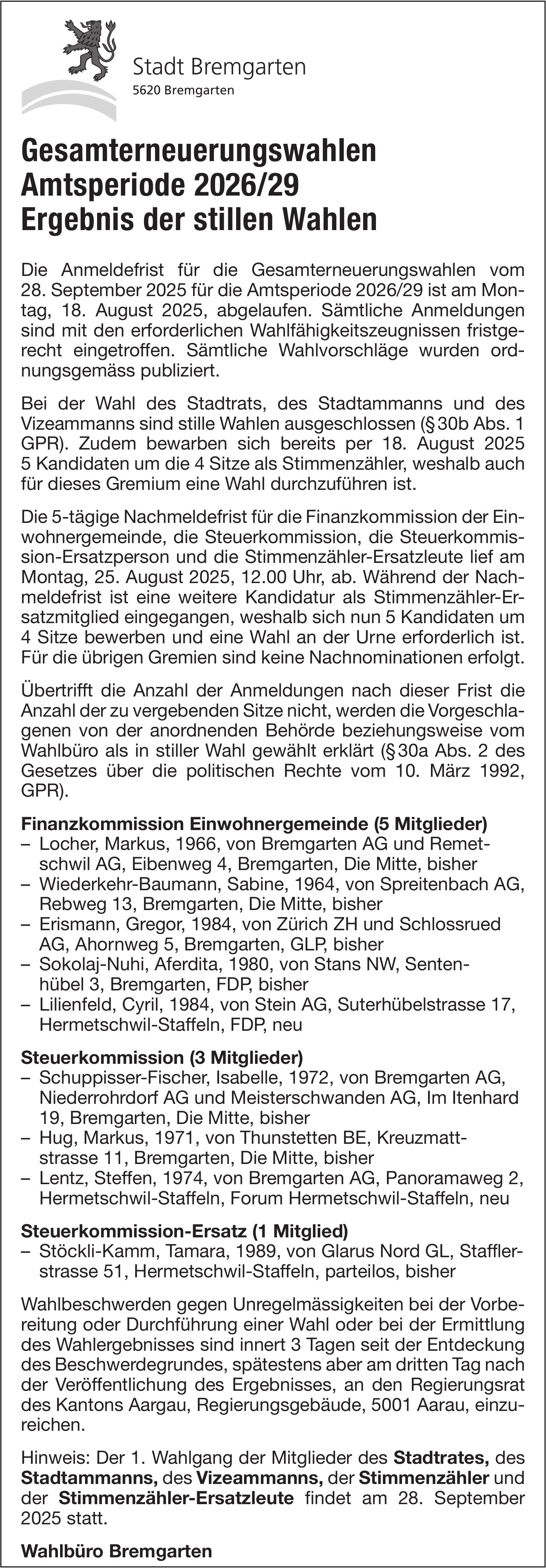 Wahlen & Abstimmungen, Stadt Bremgarten, Gesamterneuerungswahlen Amtsperiode 2026/29, Ergebnis der stillen Wahlen