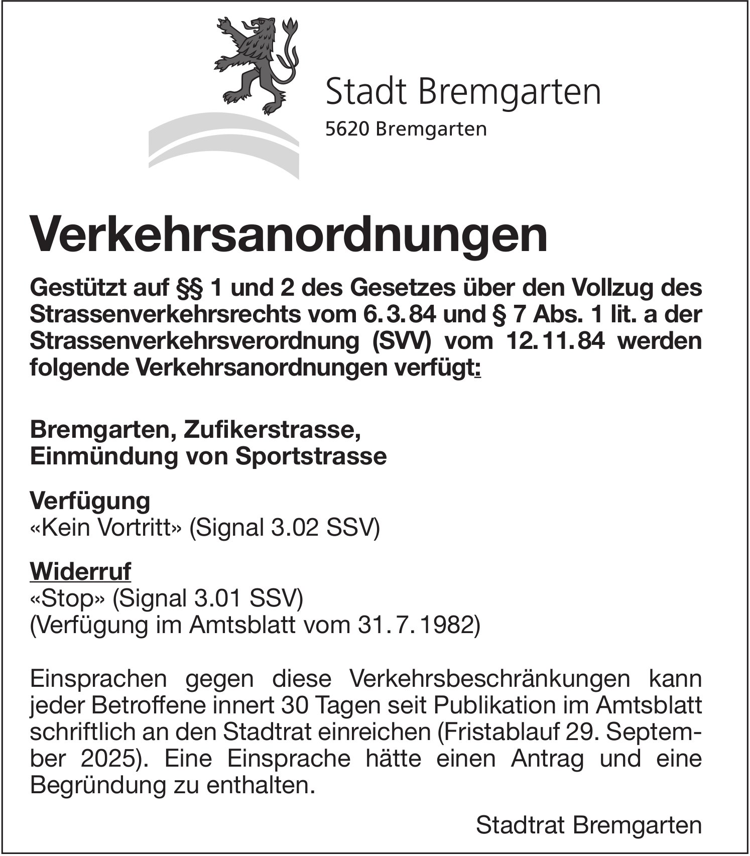 Verkehrsmassnahmen / Unterhaltsarbeiten, Stadt Bremgarten, Verkehrsanordnungen