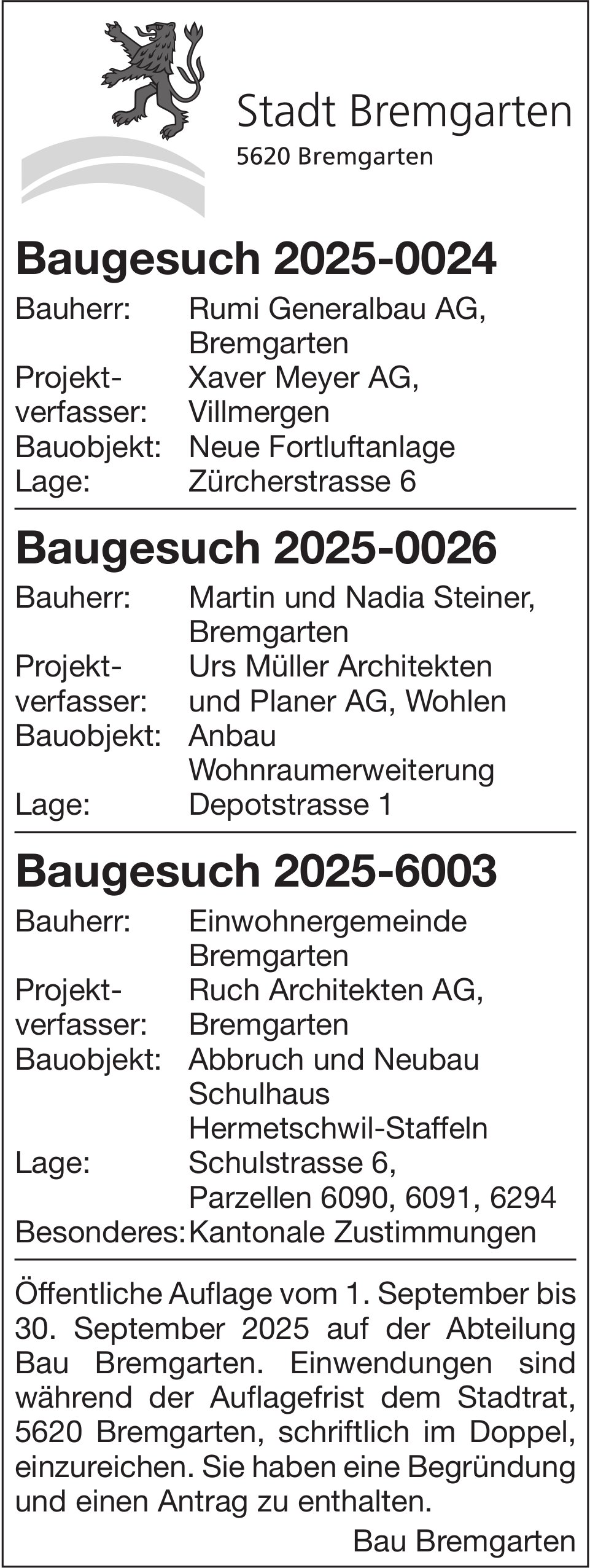 Baugesuche, Stadt Bremgarten, Baugesuche 2025-0024 / 2025-0026 / 2025-6003