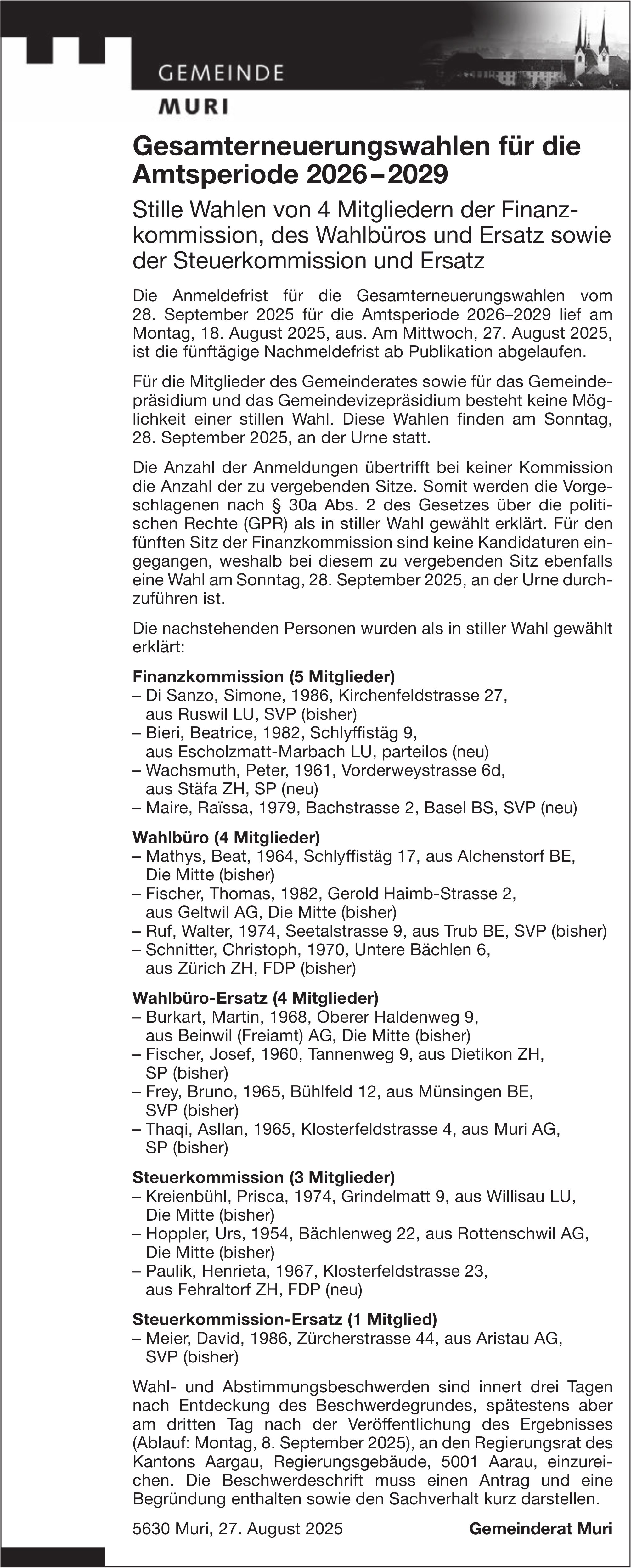 Wahlen & Abstimmungen, Gemeinde Muri, Gesamterneuerungswahlen für die Amtsperiode 2026 – 2029