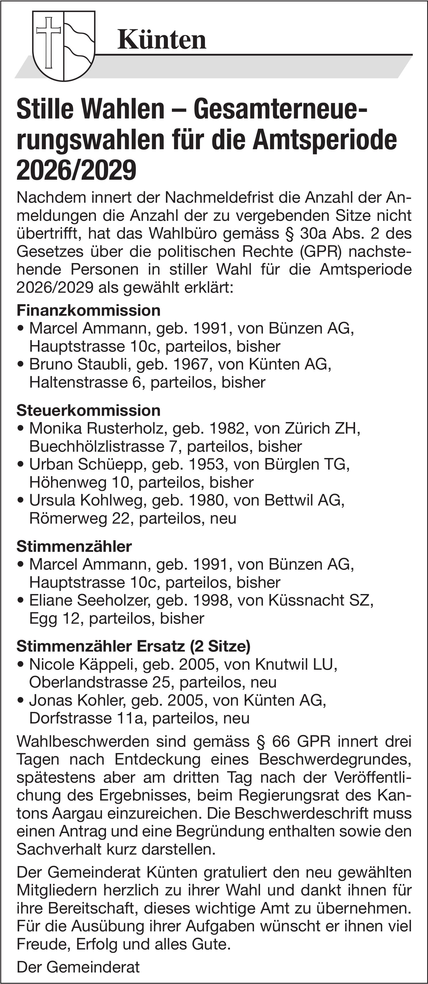 Wahlen & Abstimmungen - Künten, Stille Wahlen – Gesamterneuerungswahlen für die Amtsperiode 2026/2029