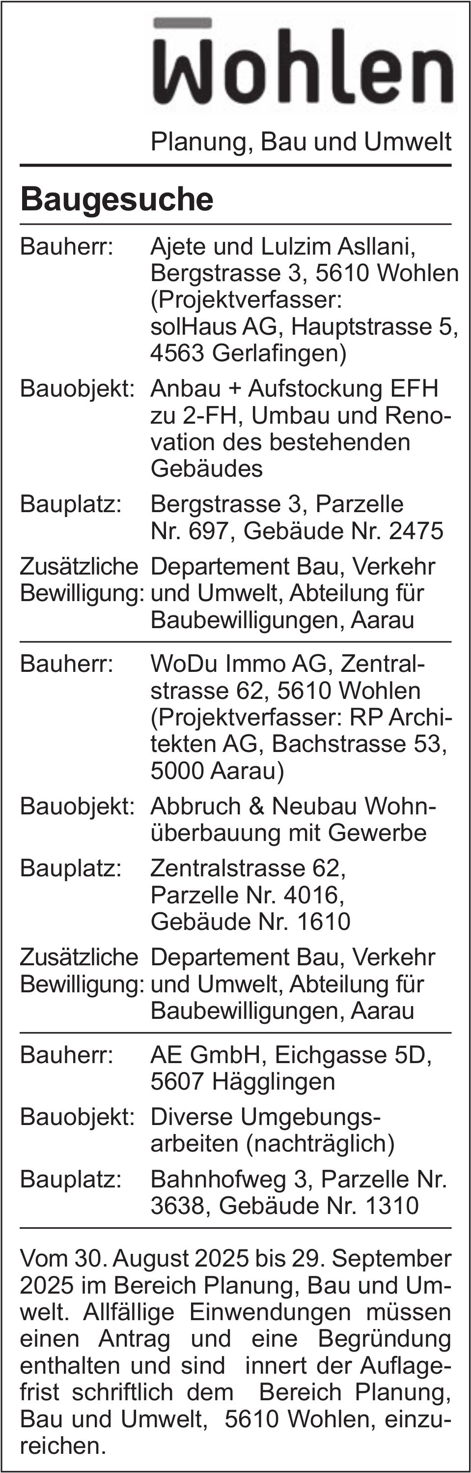 Baugesuche, Wohlen