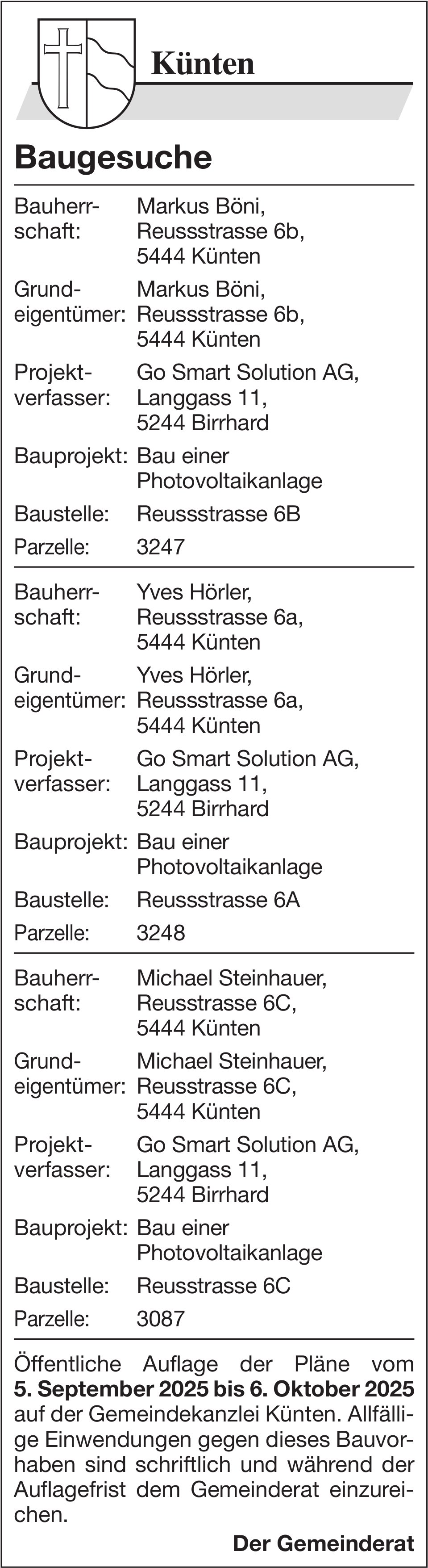 Baugesuche, Künten