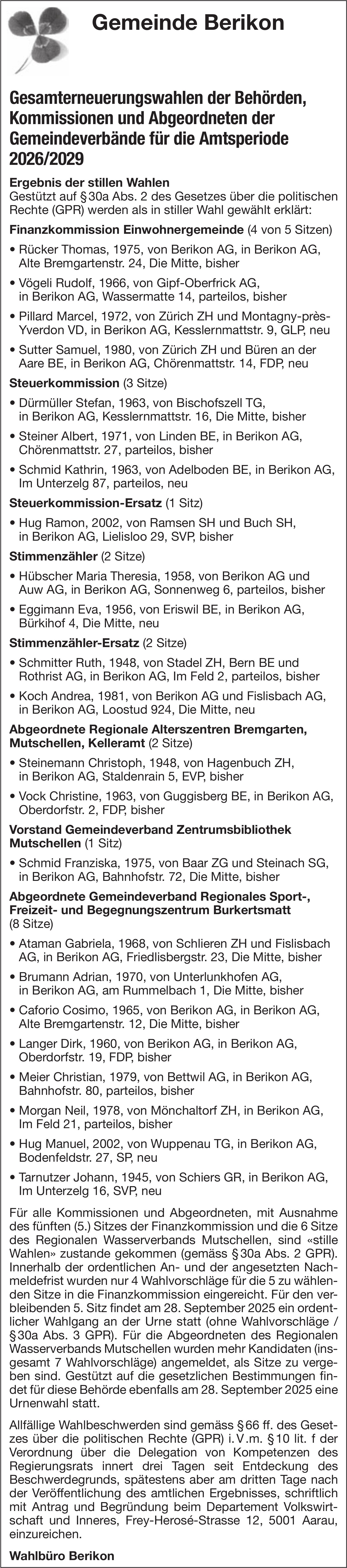 Wahlen & Abstimmungen, Gemeinde Berikon, Gesamterneuerungswahlen der Behörden, Kommissionen und Abgeordneten der Gemeindeverbände,  Amtsperiode 2026/2029
