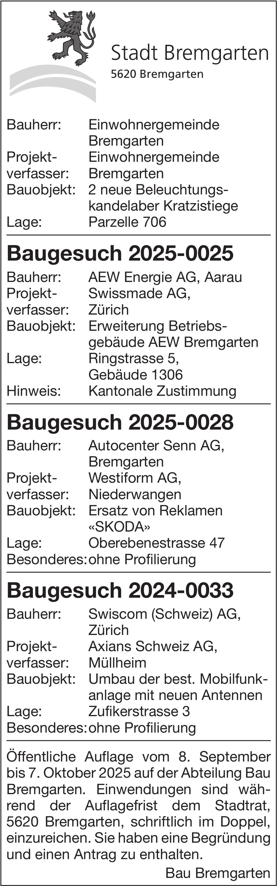 Baugesuche, Stadt Bremgarten, Baugesuche 2025-0025, 2025-0028,  2025-0033